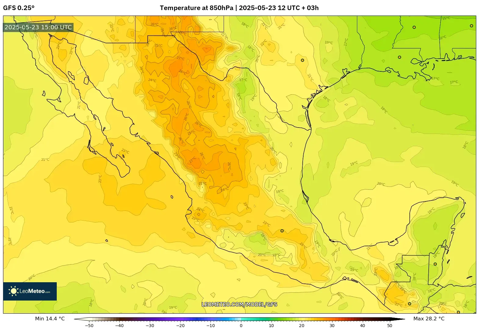 GFS model - Mexico, Temperature at 850hPa GFS model - Mexico, Temperature at 850hPa