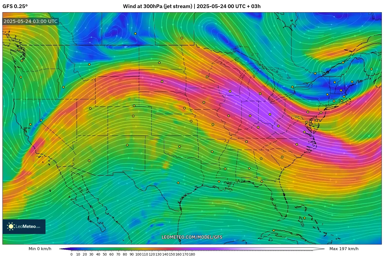 GFS model - United States, Wind at 300hPa (jet stream) GFS model - United States, Wind at 300hPa (jet stream)