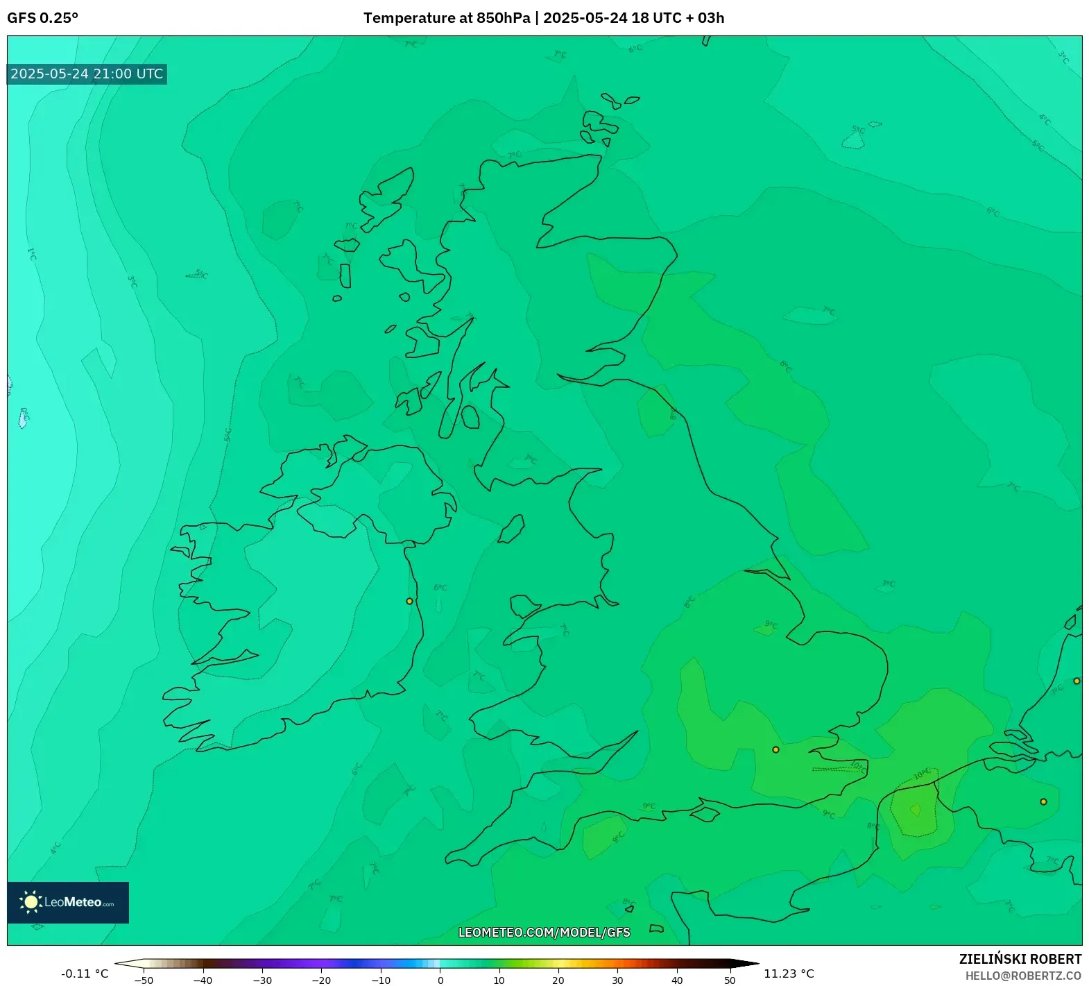 GFS model - United Kingdom, Temperature at 850hPa GFS model - United Kingdom, Temperature at 850hPa
