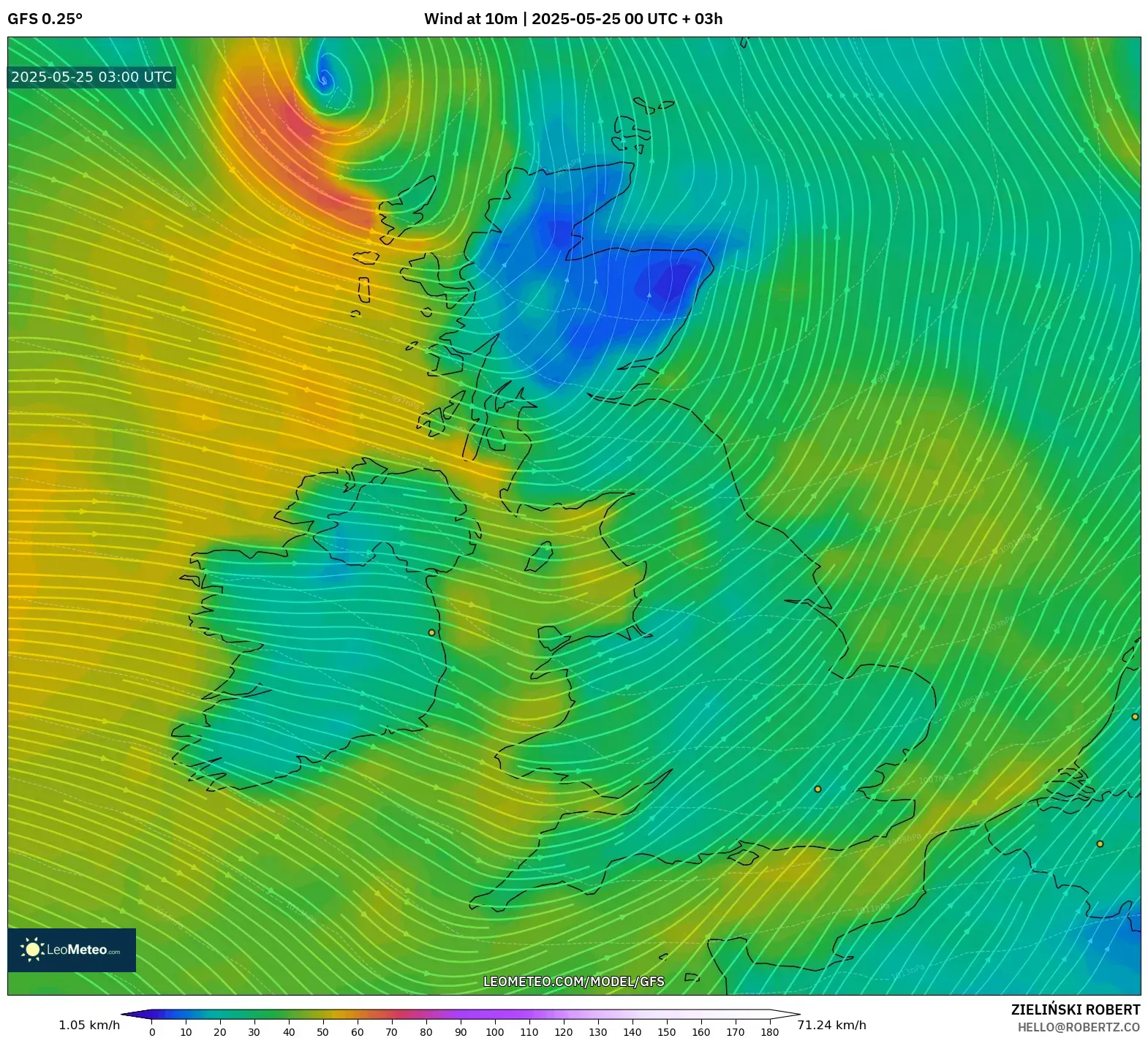 GFS model - United Kingdom, Wind at 10m GFS model - United Kingdom, Wind at 10m