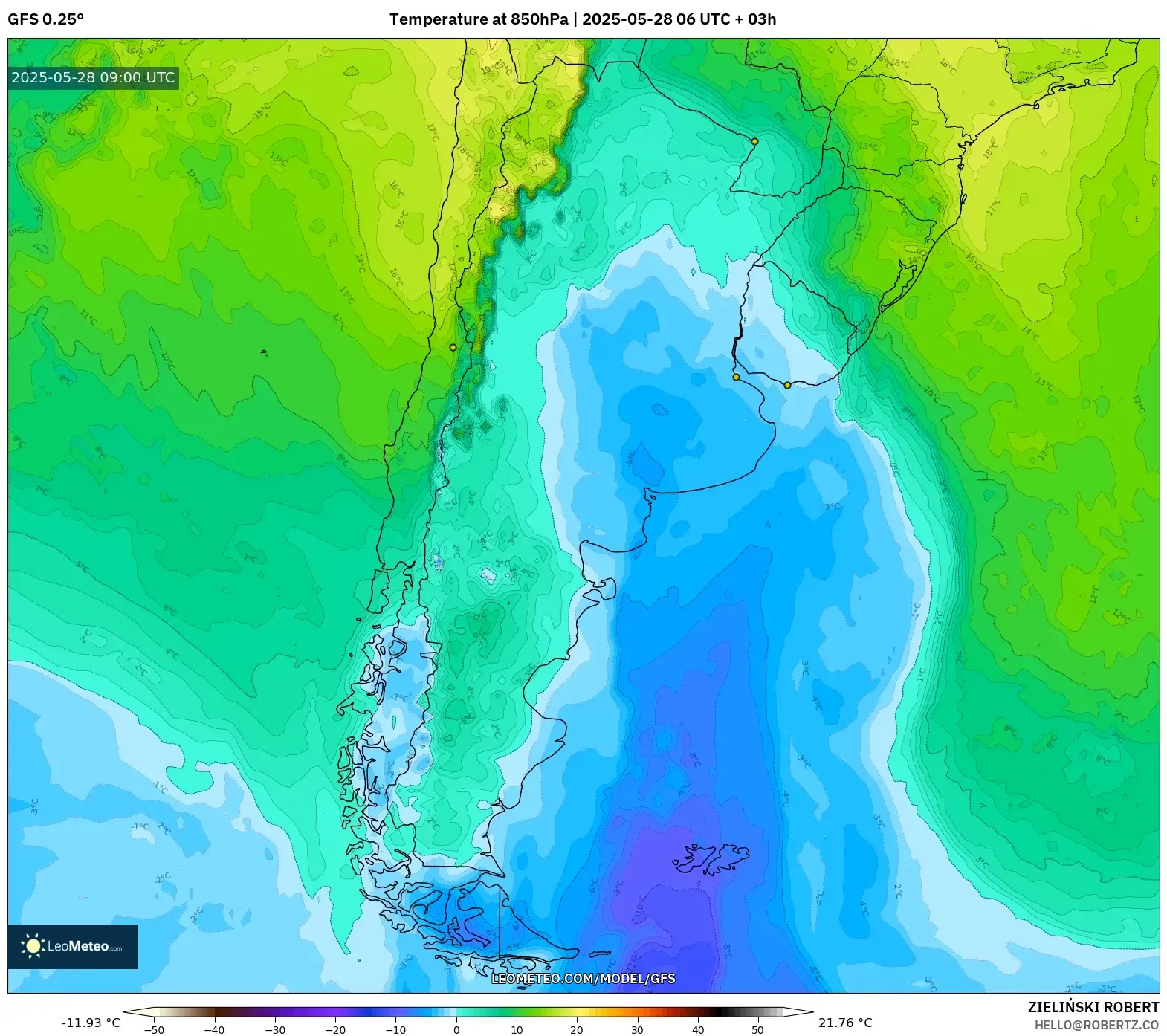 GFS model - Argentina, Temperature at 850hPa GFS model - Argentina, Temperature at 850hPa