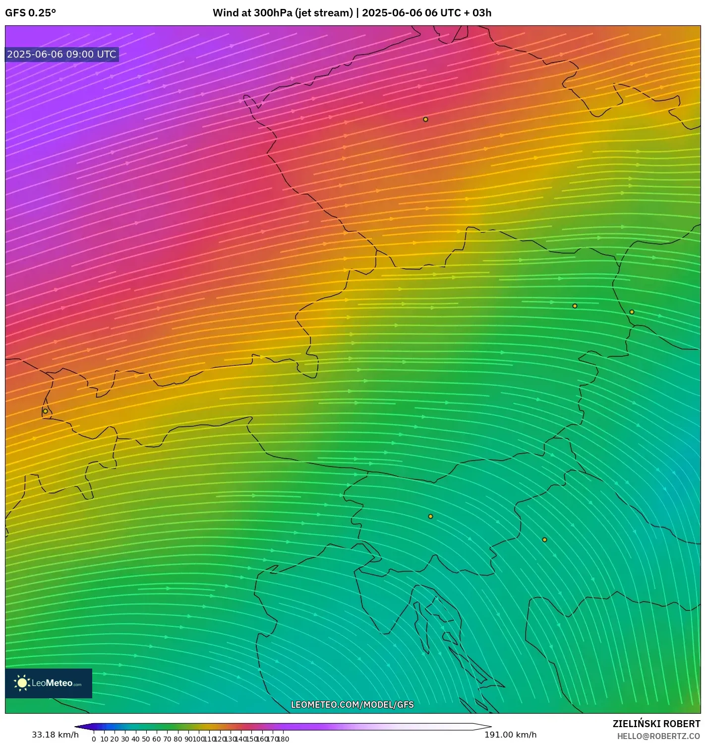 GFS model - Austria, Wind at 300hPa (jet stream) GFS model - Austria, Wind at 300hPa (jet stream)