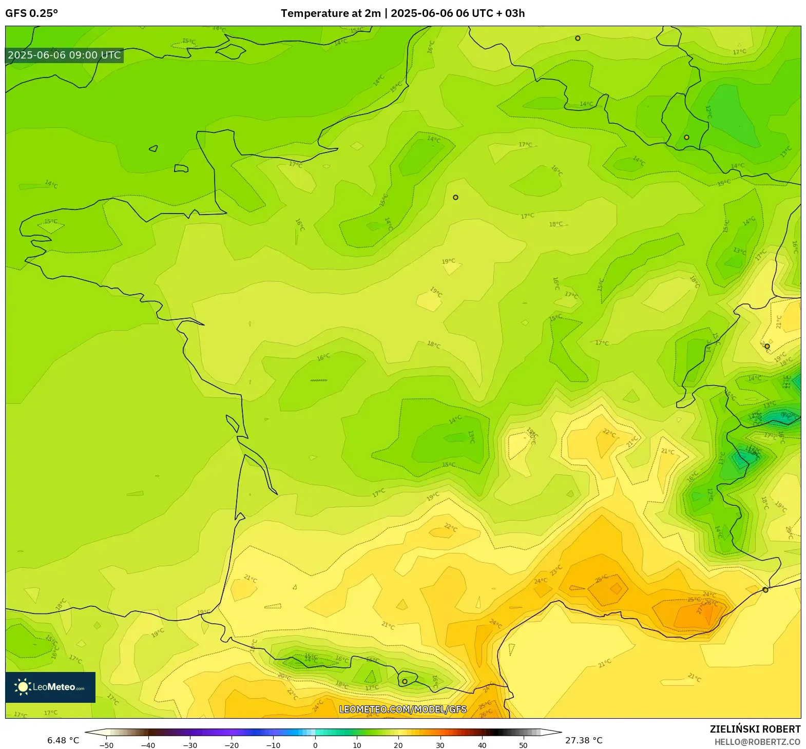 GFS model - France, Temperature at 2m GFS model - France, Temperature at 2m