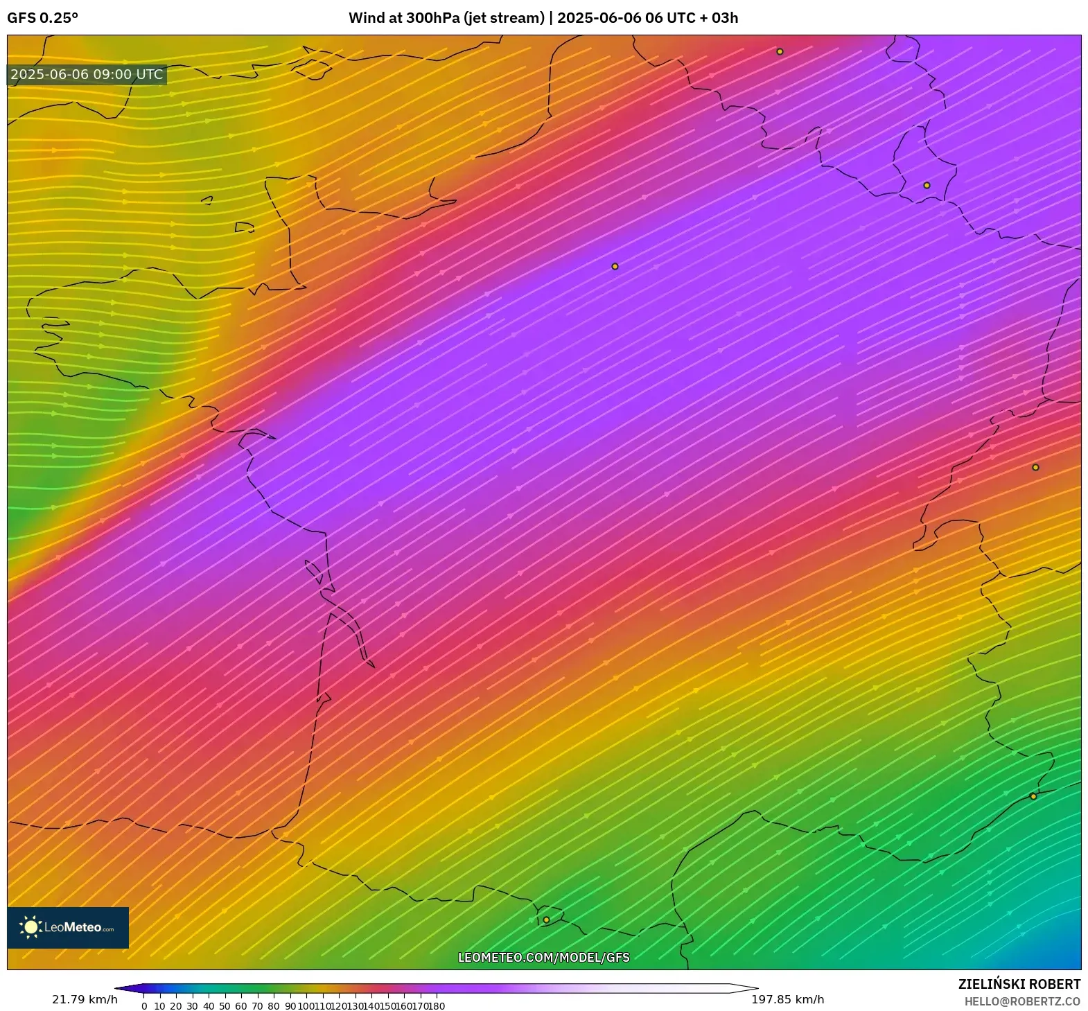 GFS model - France, Wind at 300hPa (jet stream)