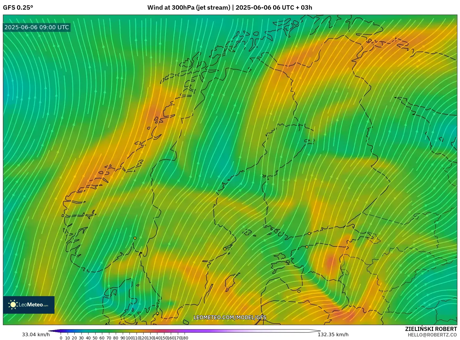 GFS model - Scandinavia, Wind at 300hPa (jet stream) GFS model - Scandinavia, Wind at 300hPa (jet stream)
