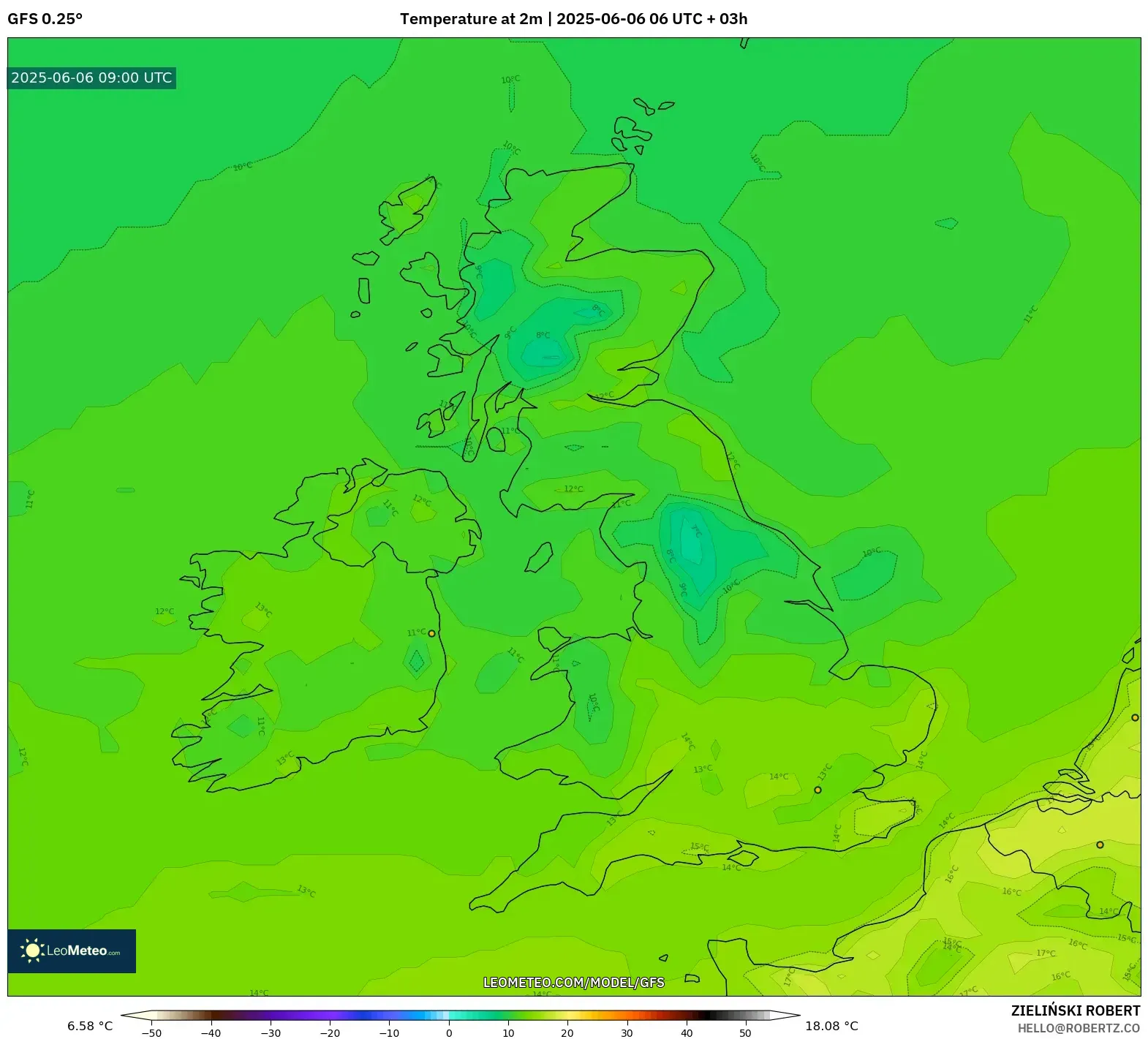 GFS model - United Kingdom, Temperature at 2m GFS model - United Kingdom, Temperature at 2m