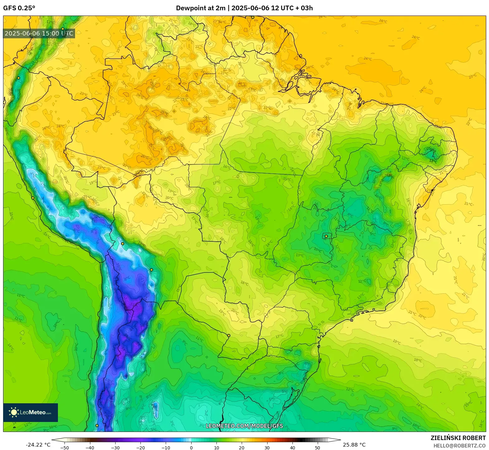 GFS model - Brazil, Dewpoint at 2m GFS model - Brazil, Dewpoint at 2m