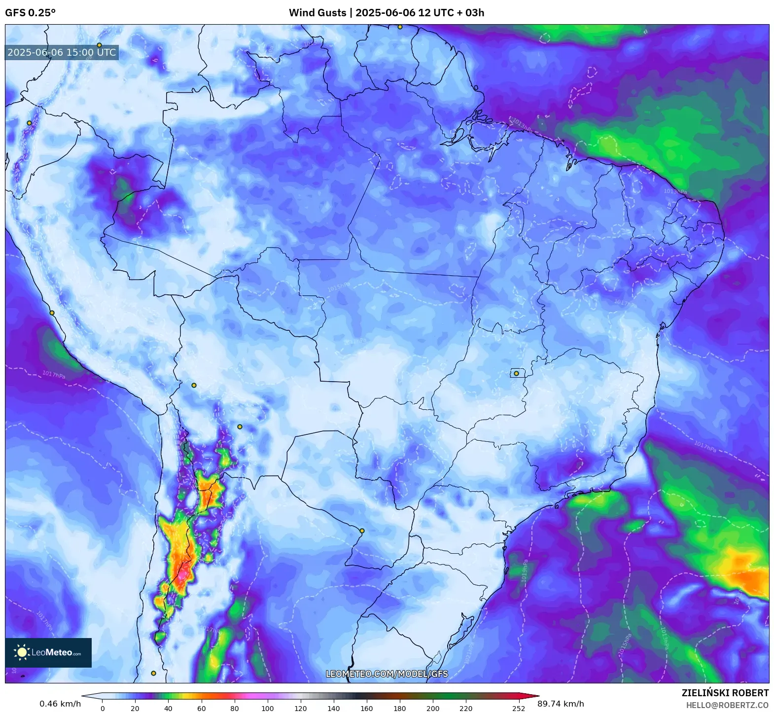 GFS model - Brazil, Wind Gusts GFS model - Brazil, Wind Gusts