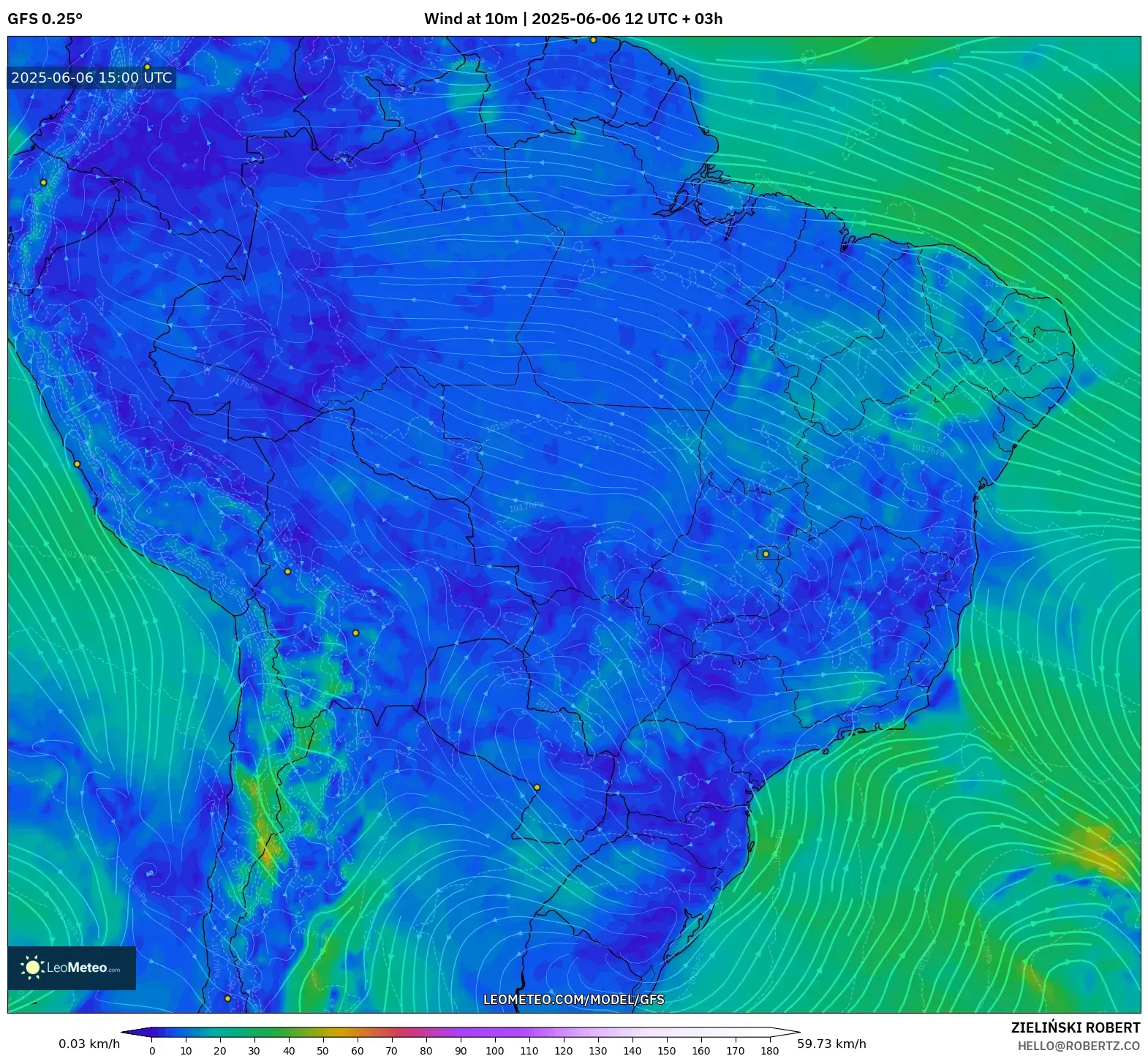 GFS model - Brazil, Wind at 10m GFS model - Brazil, Wind at 10m