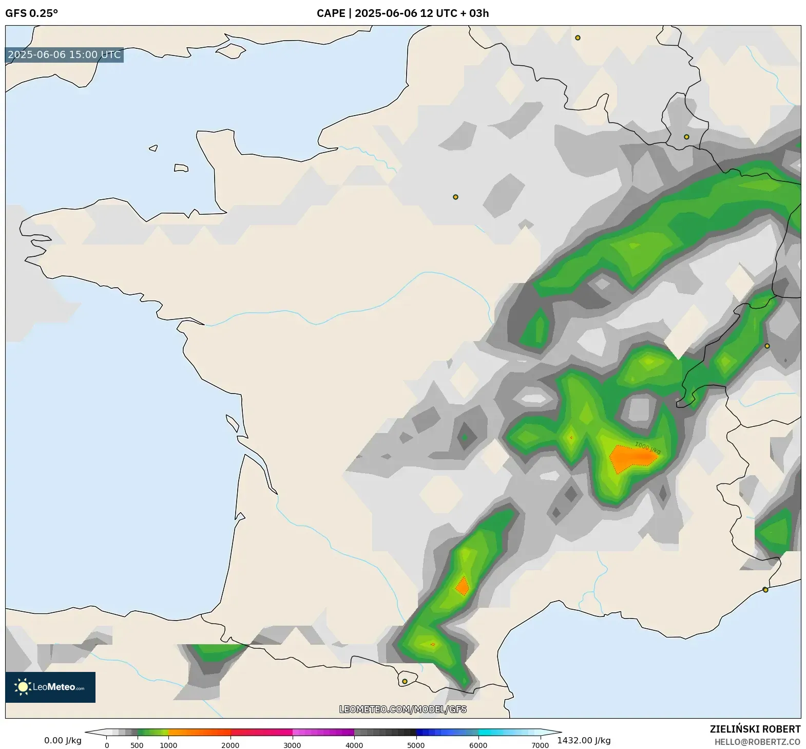 GFS model - France, CAPE GFS model - France, CAPE