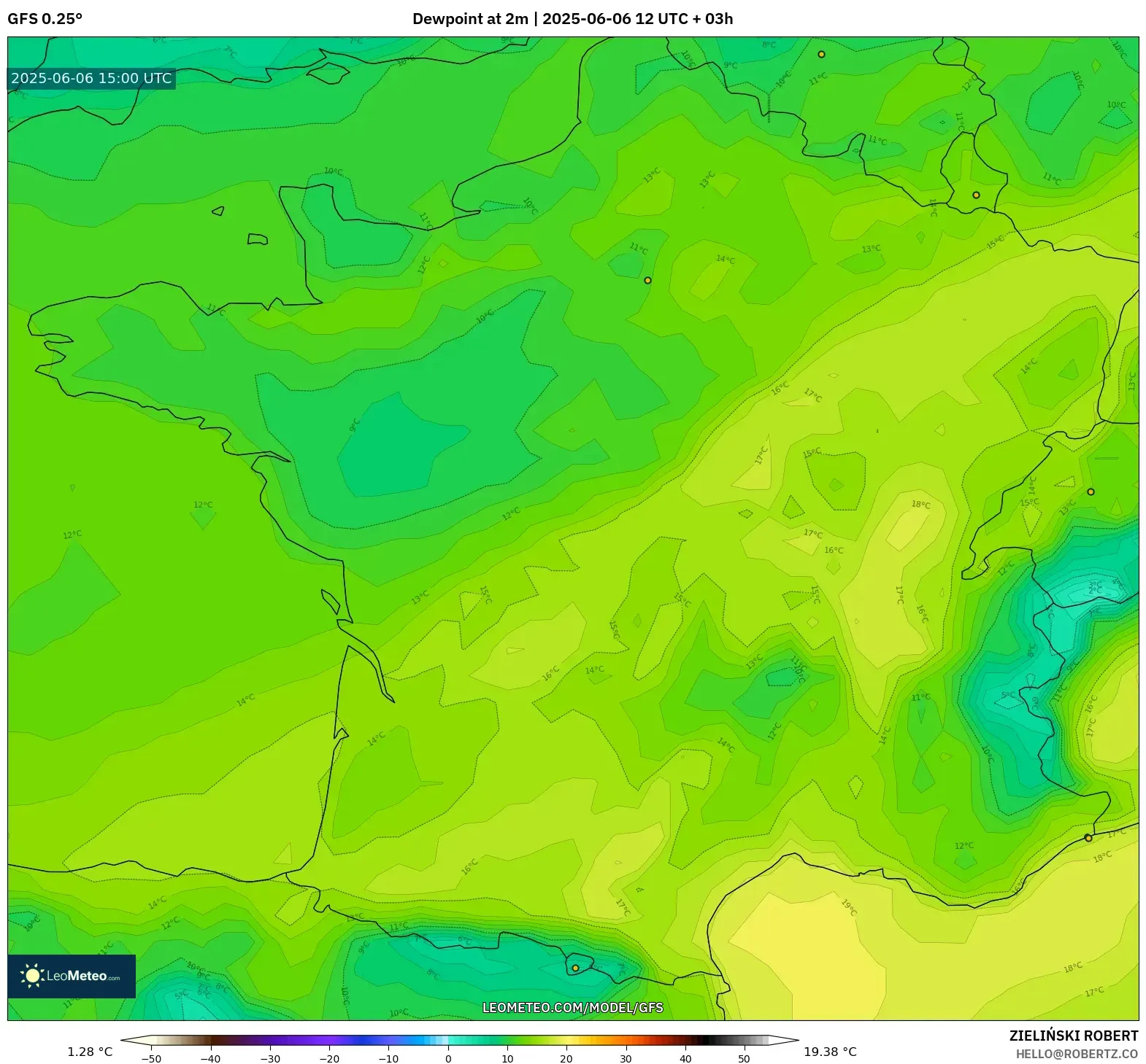 GFS model - France, Dewpoint at 2m GFS model - France, Dewpoint at 2m