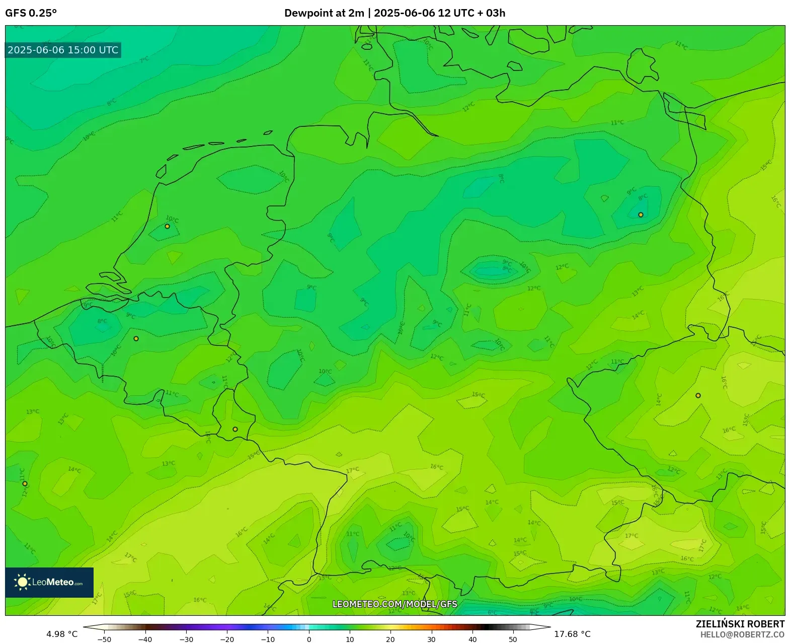 GFS model - Germany, Dewpoint at 2m GFS model - Germany, Dewpoint at 2m