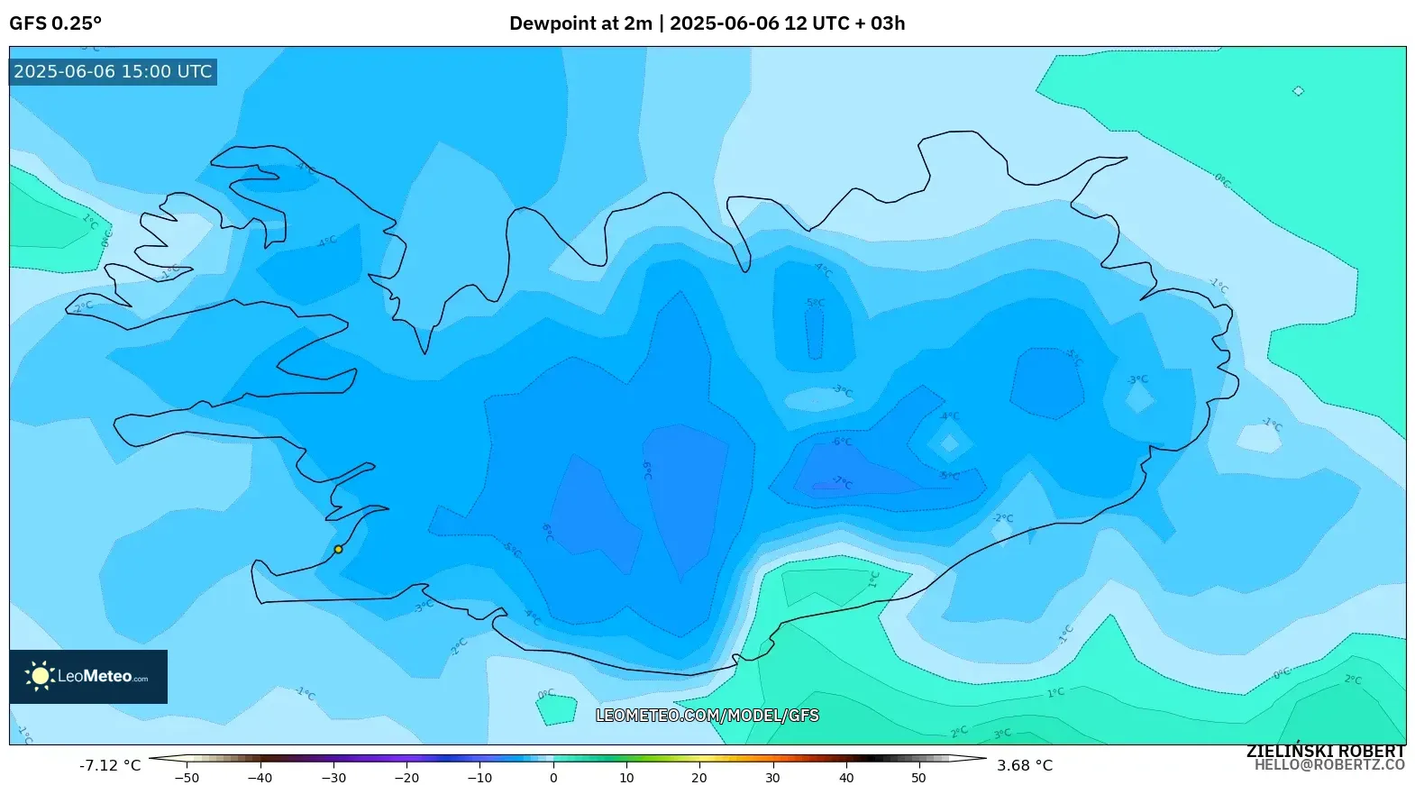 GFS model - Iceland, Dewpoint at 2m GFS model - Iceland, Dewpoint at 2m