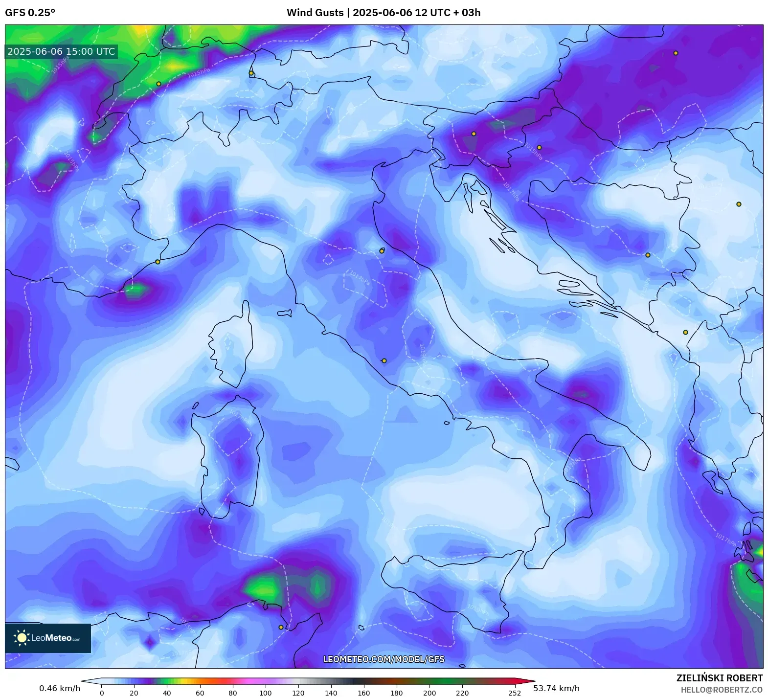 GFS model - Italy, Wind Gusts GFS model - Italy, Wind Gusts