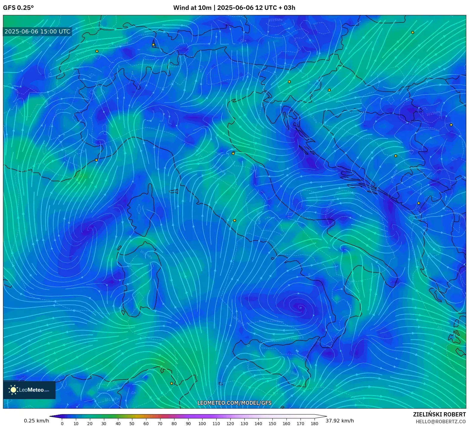 GFS model - Italy, Wind at 10m GFS model - Italy, Wind at 10m