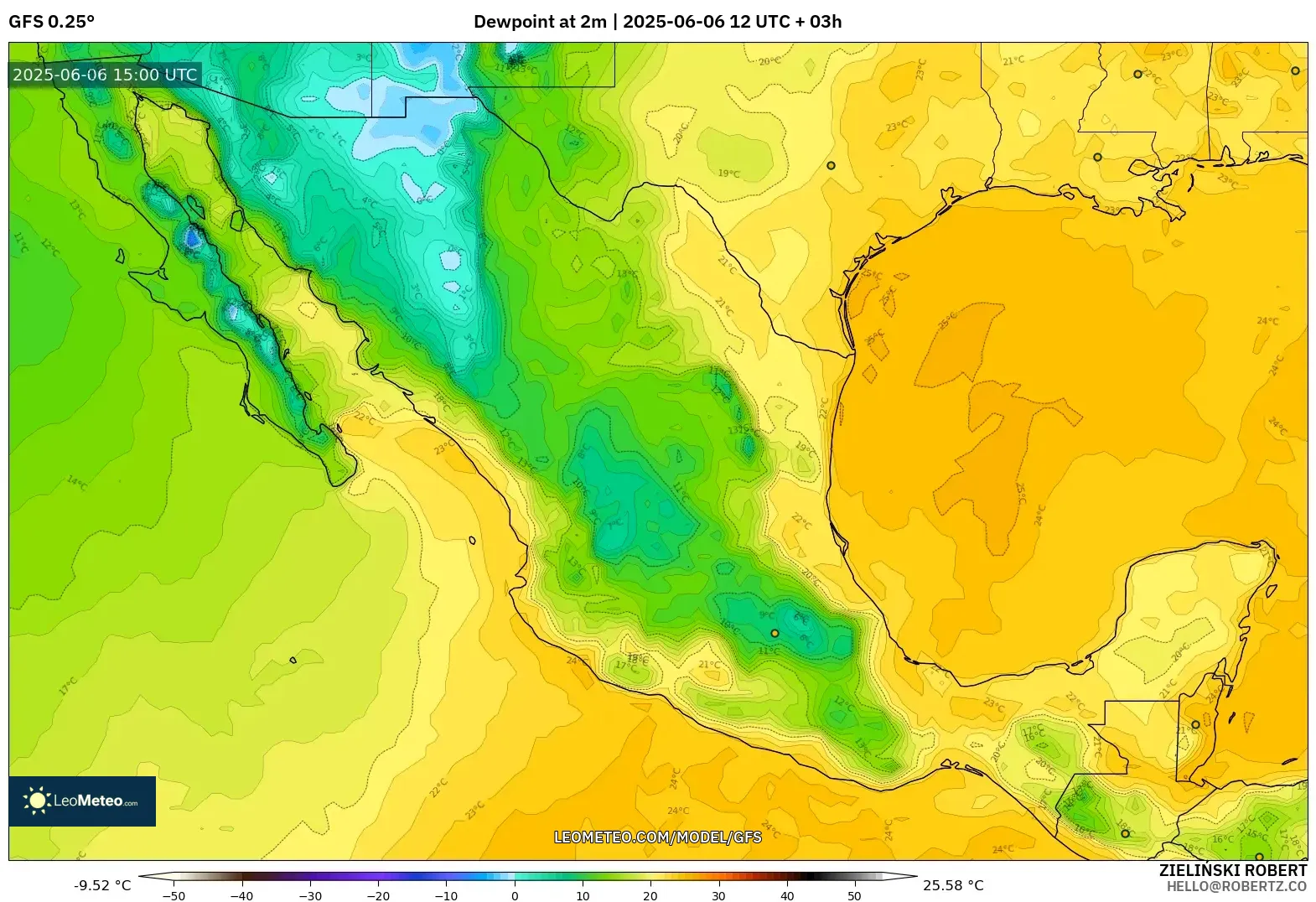 GFS model - Mexico, Dewpoint at 2m GFS model - Mexico, Dewpoint at 2m