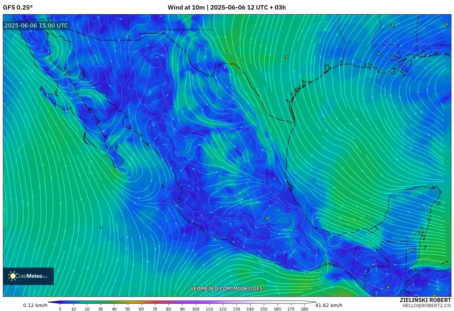 GFS model - Mexico, Wind at 10m GFS model - Mexico, Wind at 10m