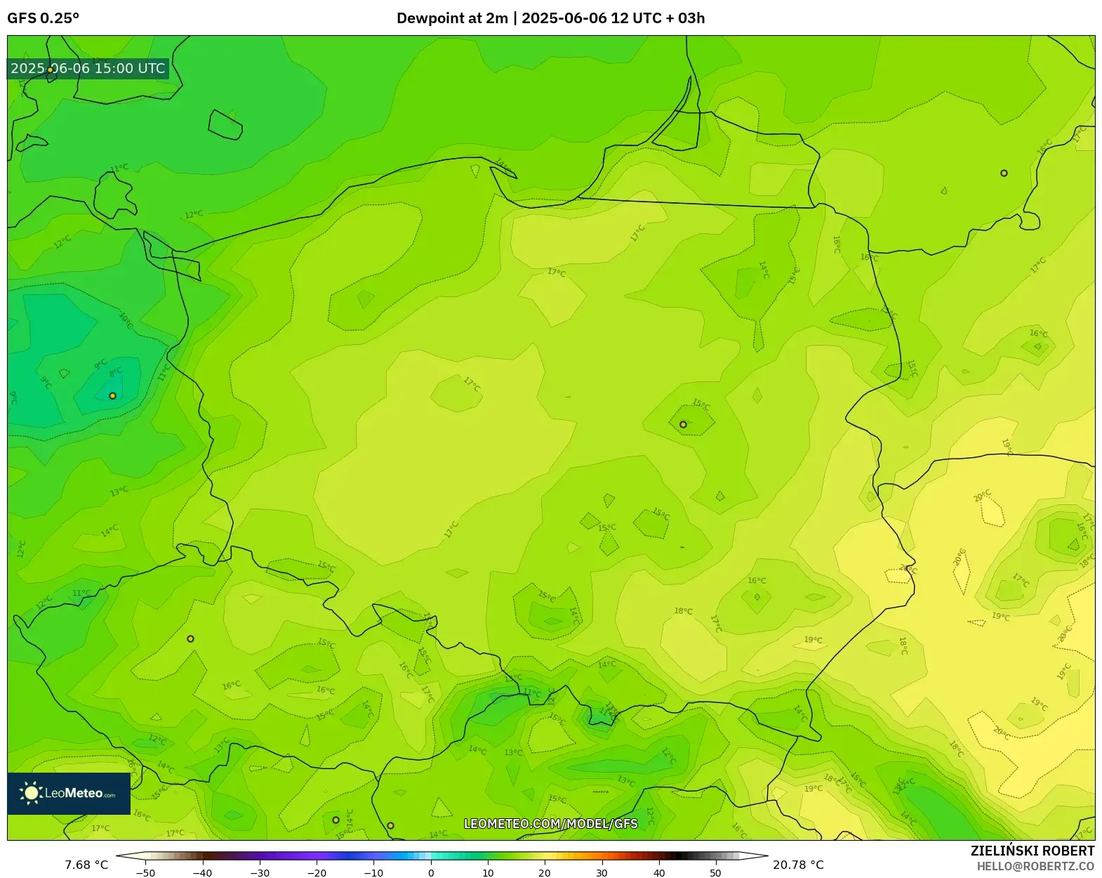 GFS model - Poland, Dewpoint at 2m GFS model - Poland, Dewpoint at 2m