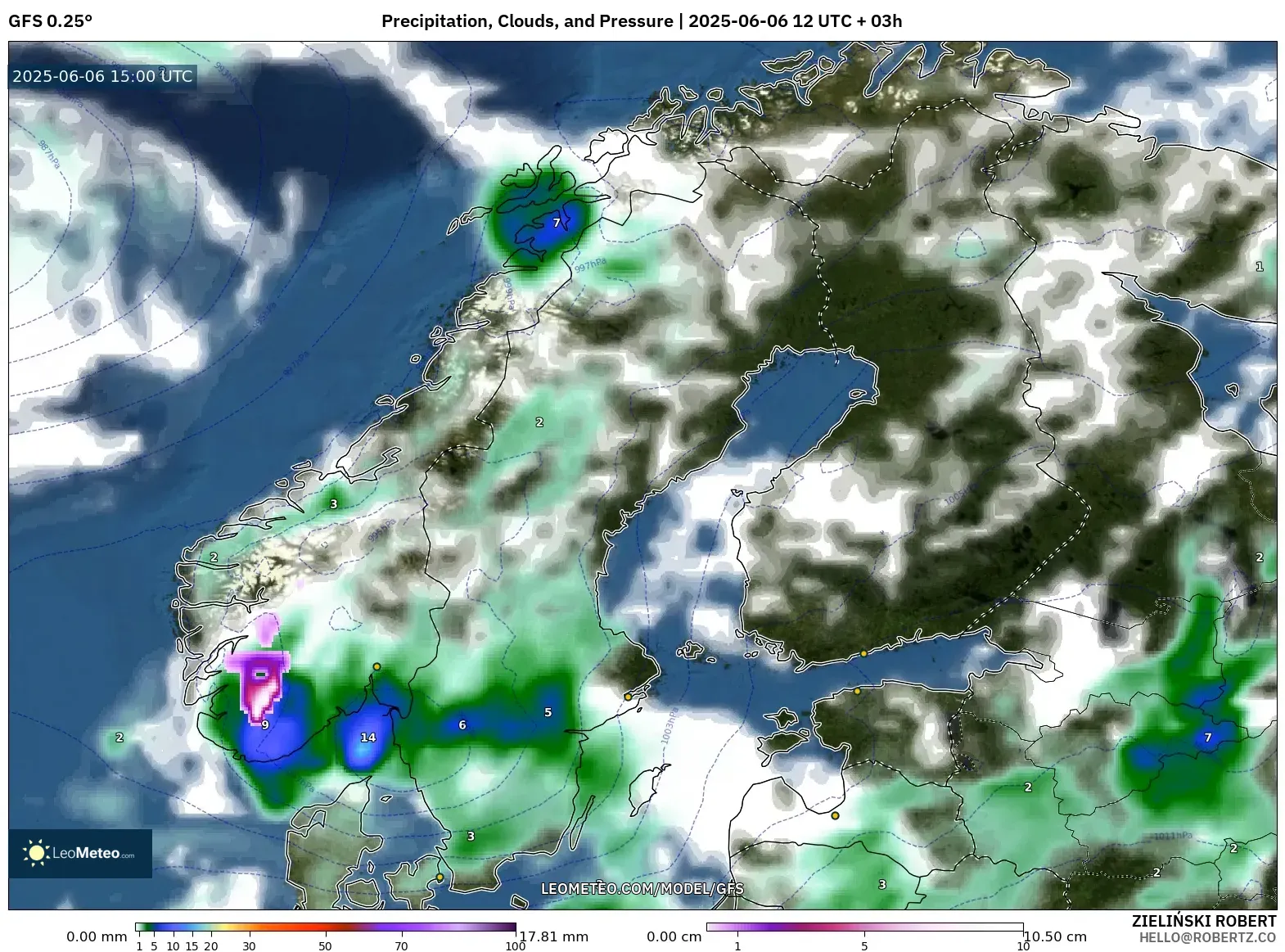 GFS model - Scandinavia, Precipitation, Clouds, and Pressure GFS model - Scandinavia, Precipitation, Clouds, and Pressure