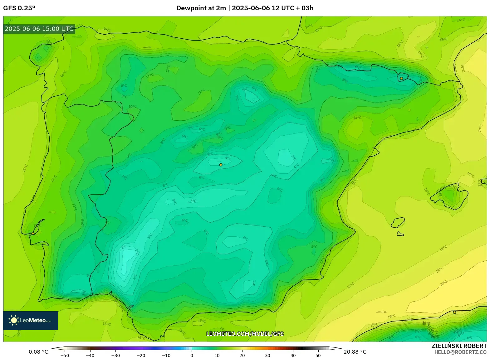 GFS model - Spain, Dewpoint at 2m GFS model - Spain, Dewpoint at 2m