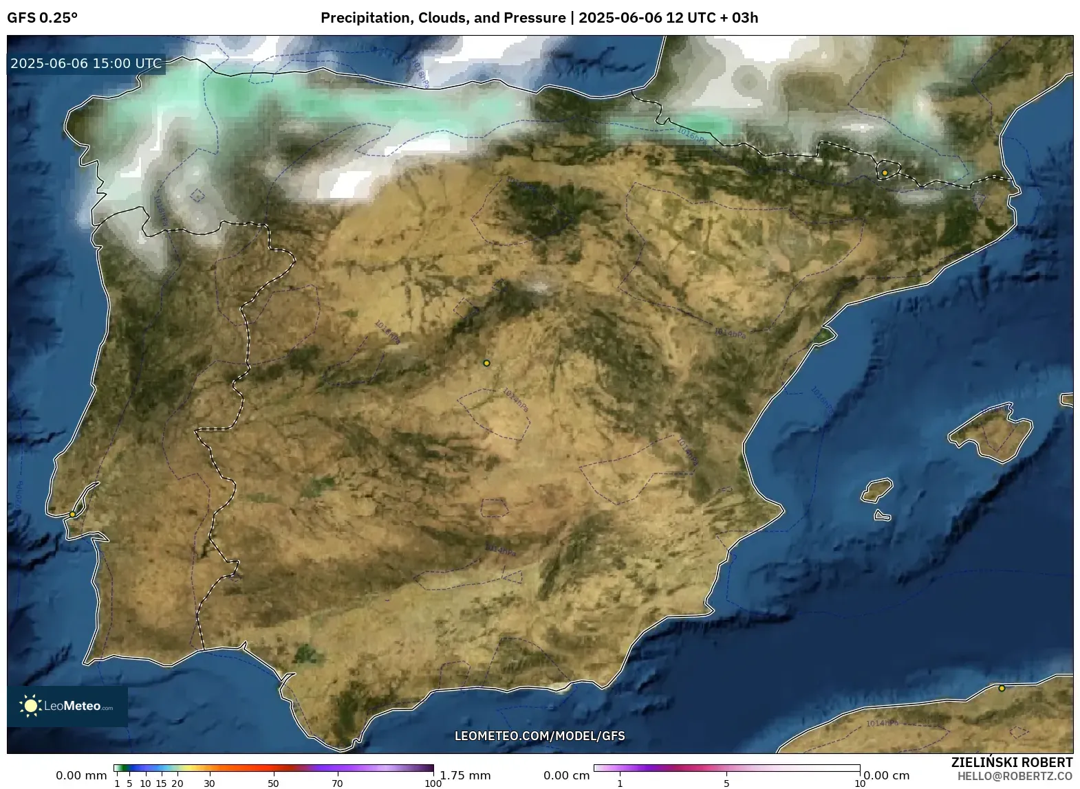 GFS model - Spain, Precipitation, Clouds, and Pressure GFS model - Spain, Precipitation, Clouds, and Pressure