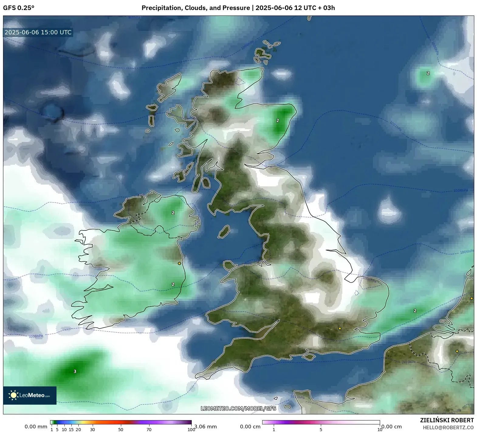GFS model - United Kingdom, Precipitation, Clouds, and Pressure GFS model - United Kingdom, Precipitation, Clouds, and Pressure