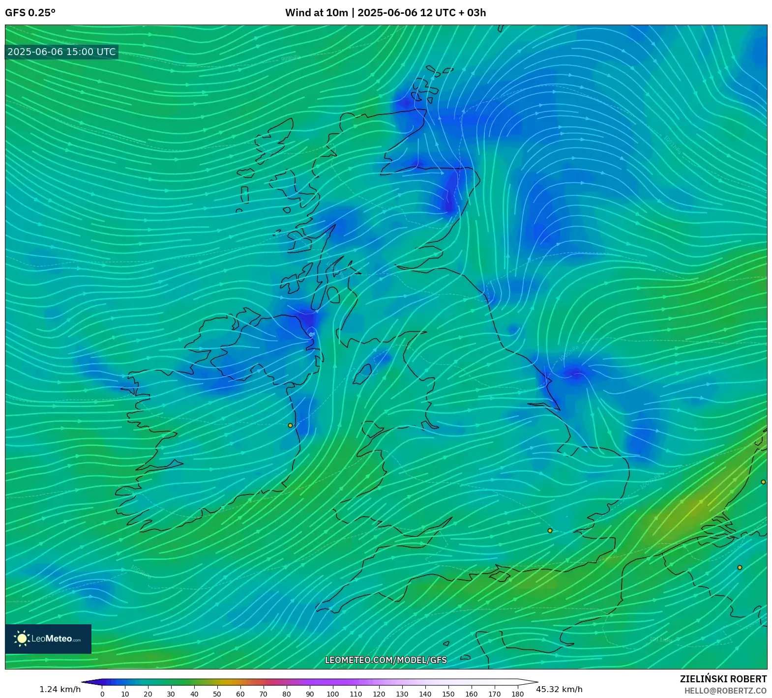 GFS model - United Kingdom, Wind at 10m GFS model - United Kingdom, Wind at 10m
