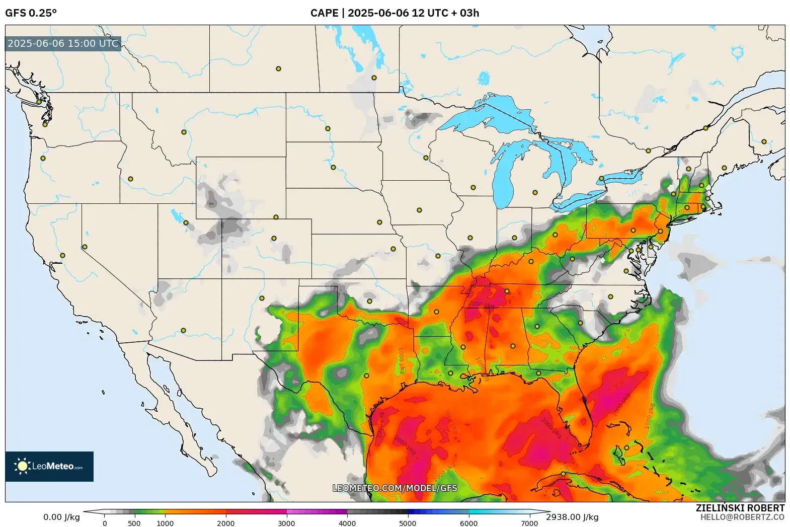 GFS model - United States, CAPE GFS model - United States, CAPE