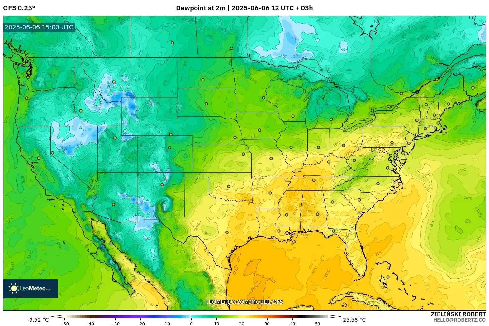 GFS model - United States, Dewpoint at 2m GFS model - United States, Dewpoint at 2m