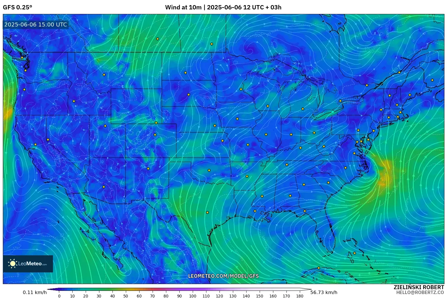 GFS model - United States, Wind at 10m GFS model - United States, Wind at 10m