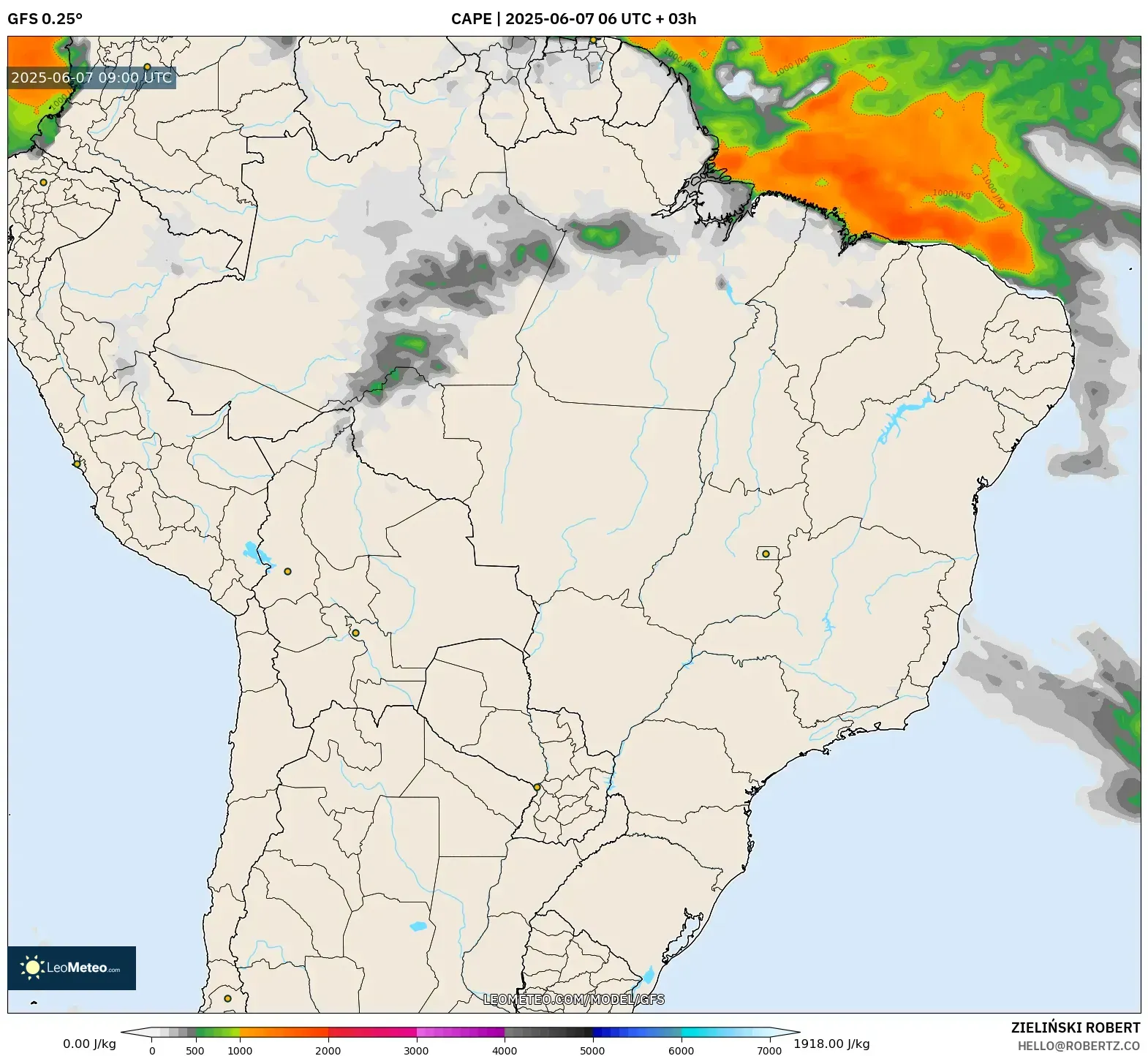GFS model - Brasil, CAPE GFS model - Brasil, CAPE
