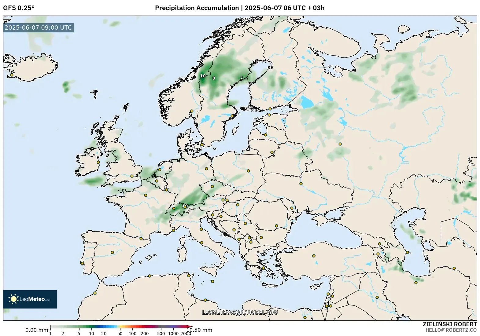 GFS model - Eropa, Akumulasi Curah Hujan