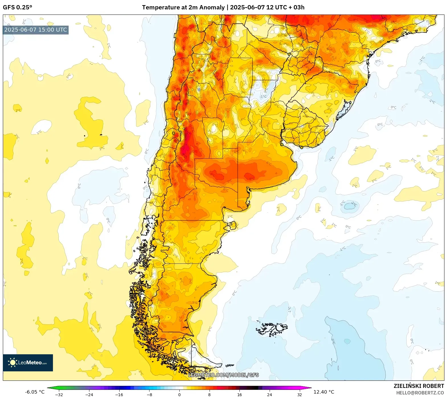 GFS model - Argentina, Anomali Suhu 2 m GFS model - Argentina, Anomali Suhu 2 m