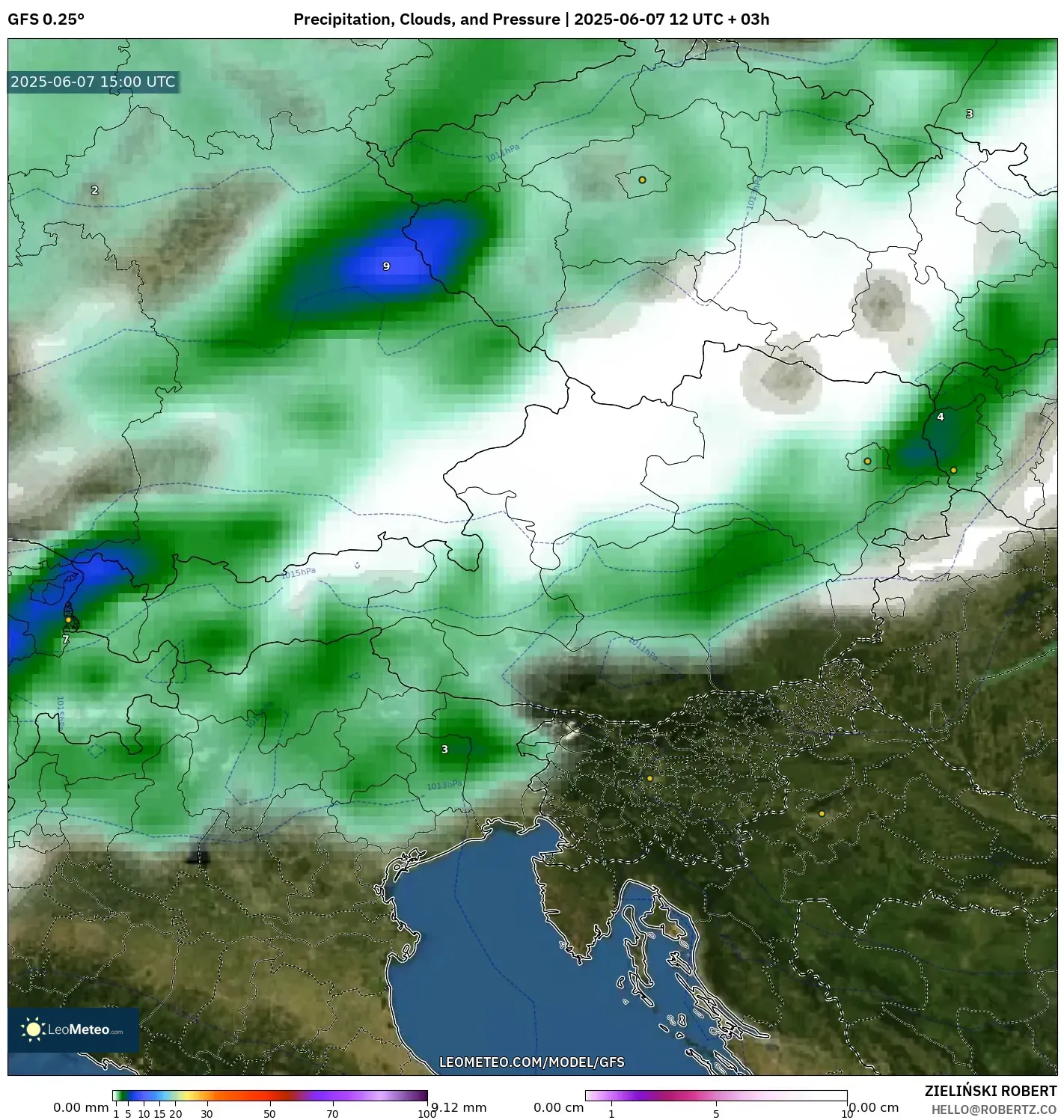 GFS model - Austria, Curah Hujan, Awan, dan Tekanan GFS model - Austria, Curah Hujan, Awan, dan Tekanan