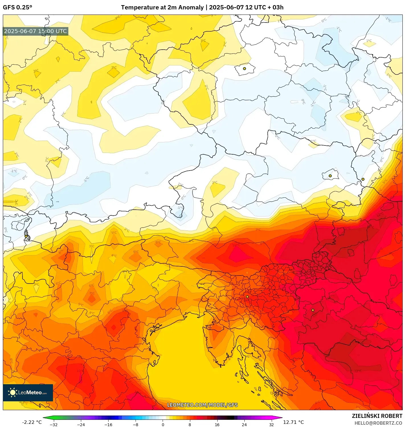 GFS model - Austria, Anomali Suhu 2 m GFS model - Austria, Anomali Suhu 2 m