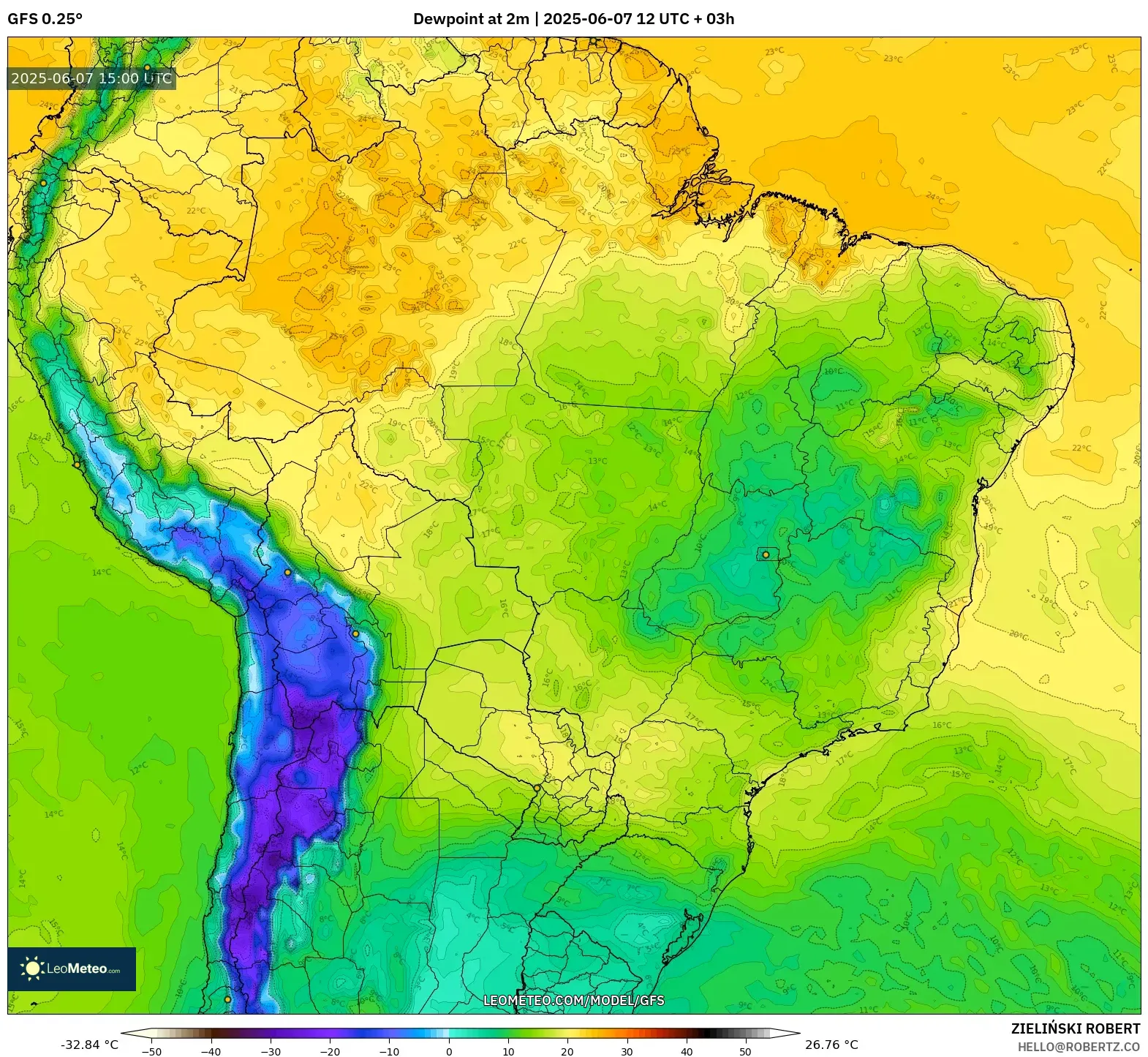 GFS model - Brasil, Titik Embun 2 m GFS model - Brasil, Titik Embun 2 m