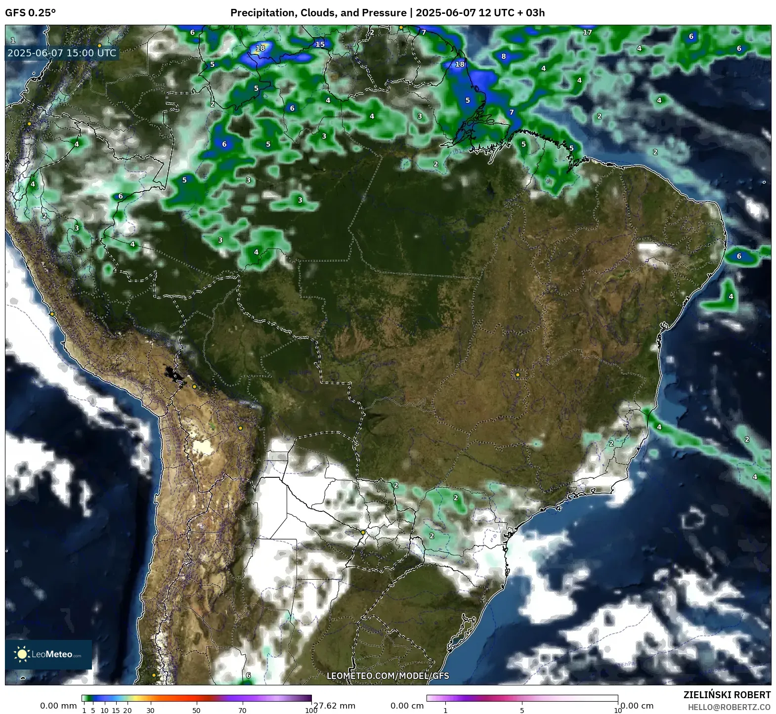 GFS model - Brasil, Curah Hujan, Awan, dan Tekanan GFS model - Brasil, Curah Hujan, Awan, dan Tekanan