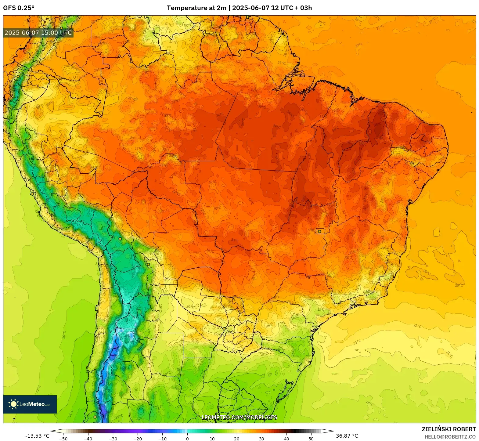 GFS model - Brasil, Suhu 2 m