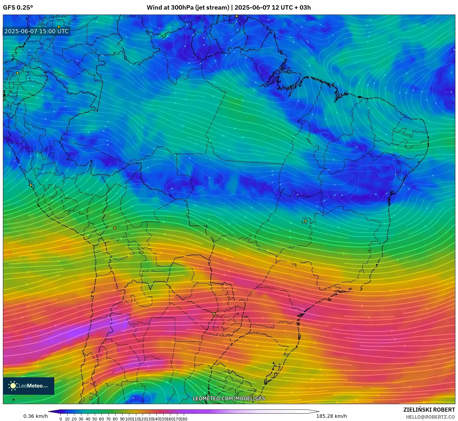 GFS model - Brasil, Angin 300 hPa (aliran jet) GFS model - Brasil, Angin 300 hPa (aliran jet)