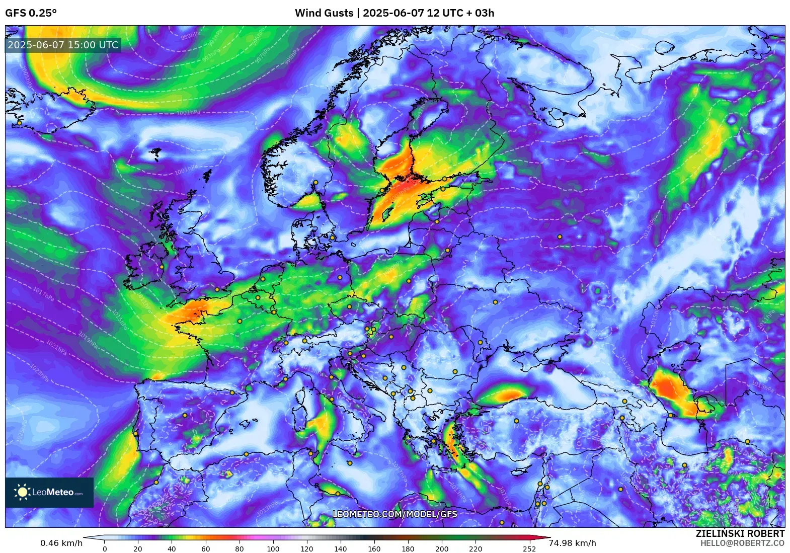 GFS model - Eropa, Hembusan Angin