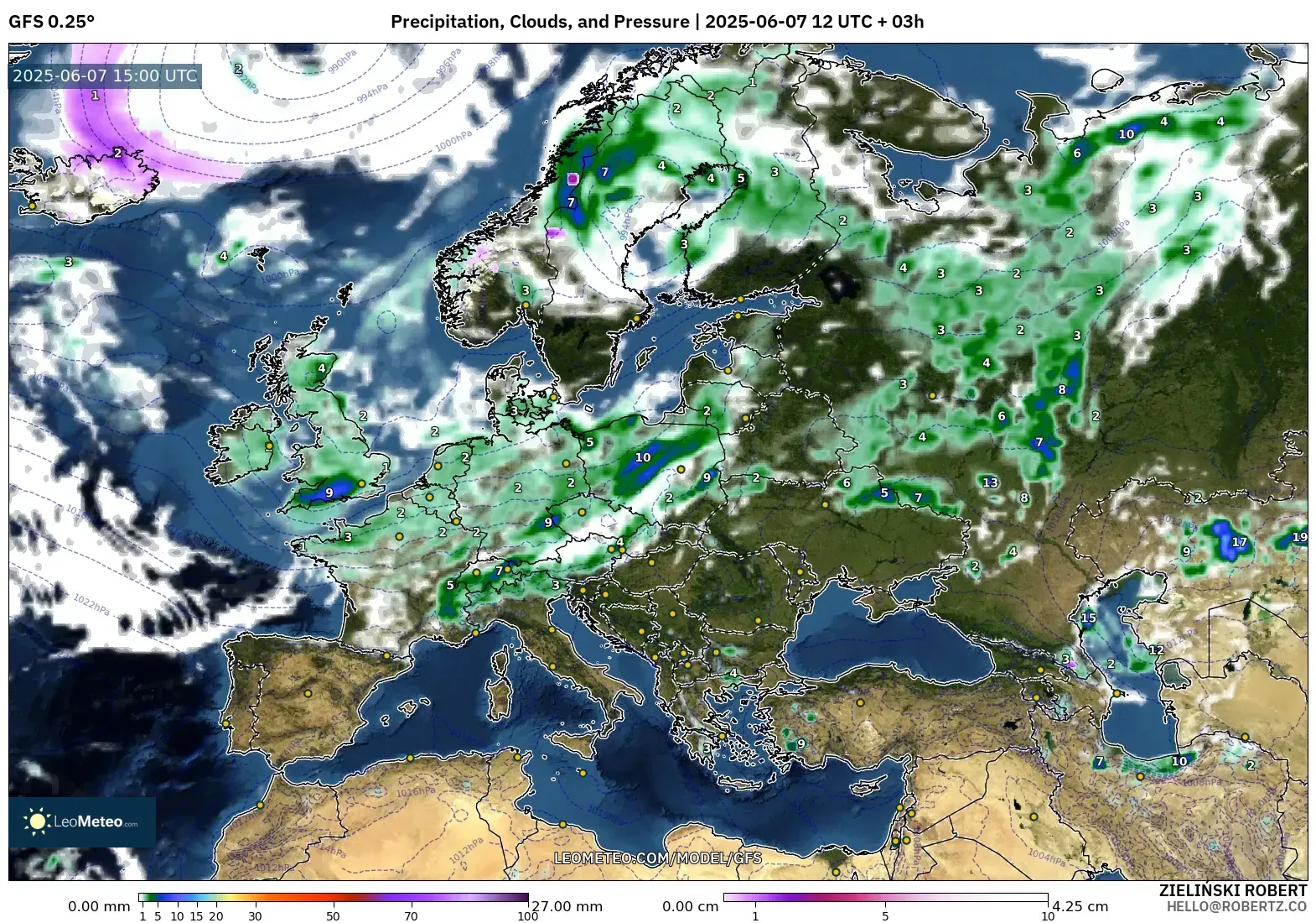GFS model - Eropa, Curah Hujan, Awan, dan Tekanan