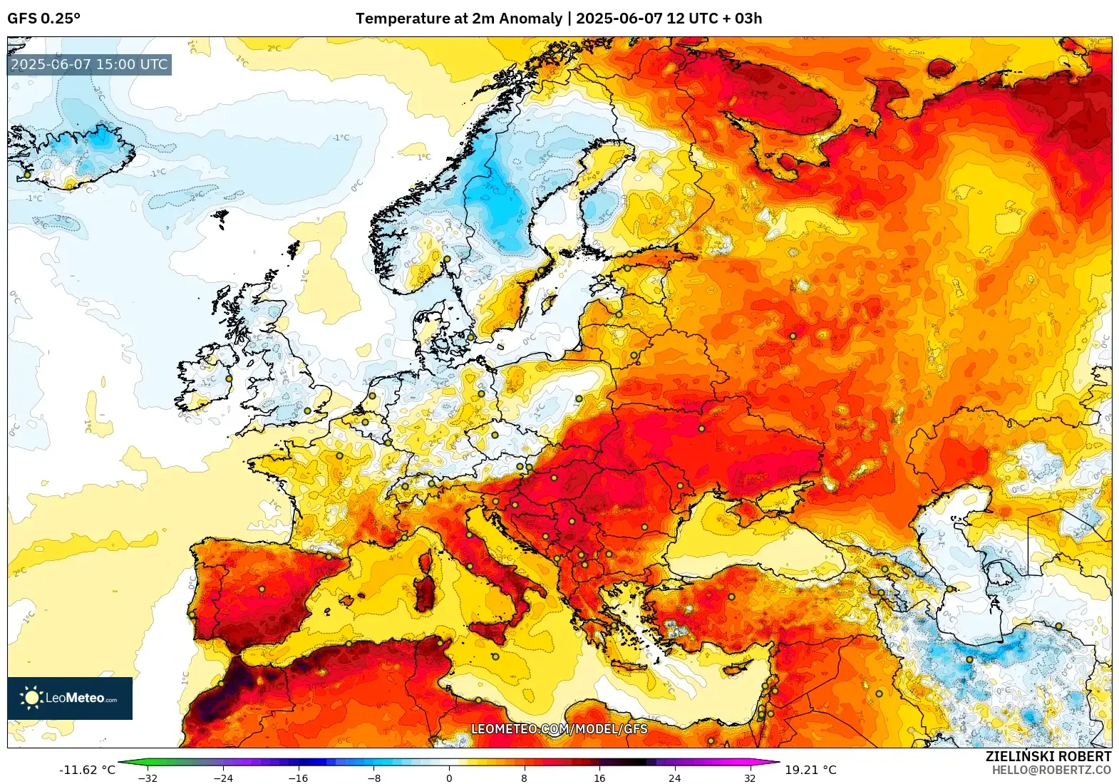 GFS model - Eropa, Anomali Suhu 2 m