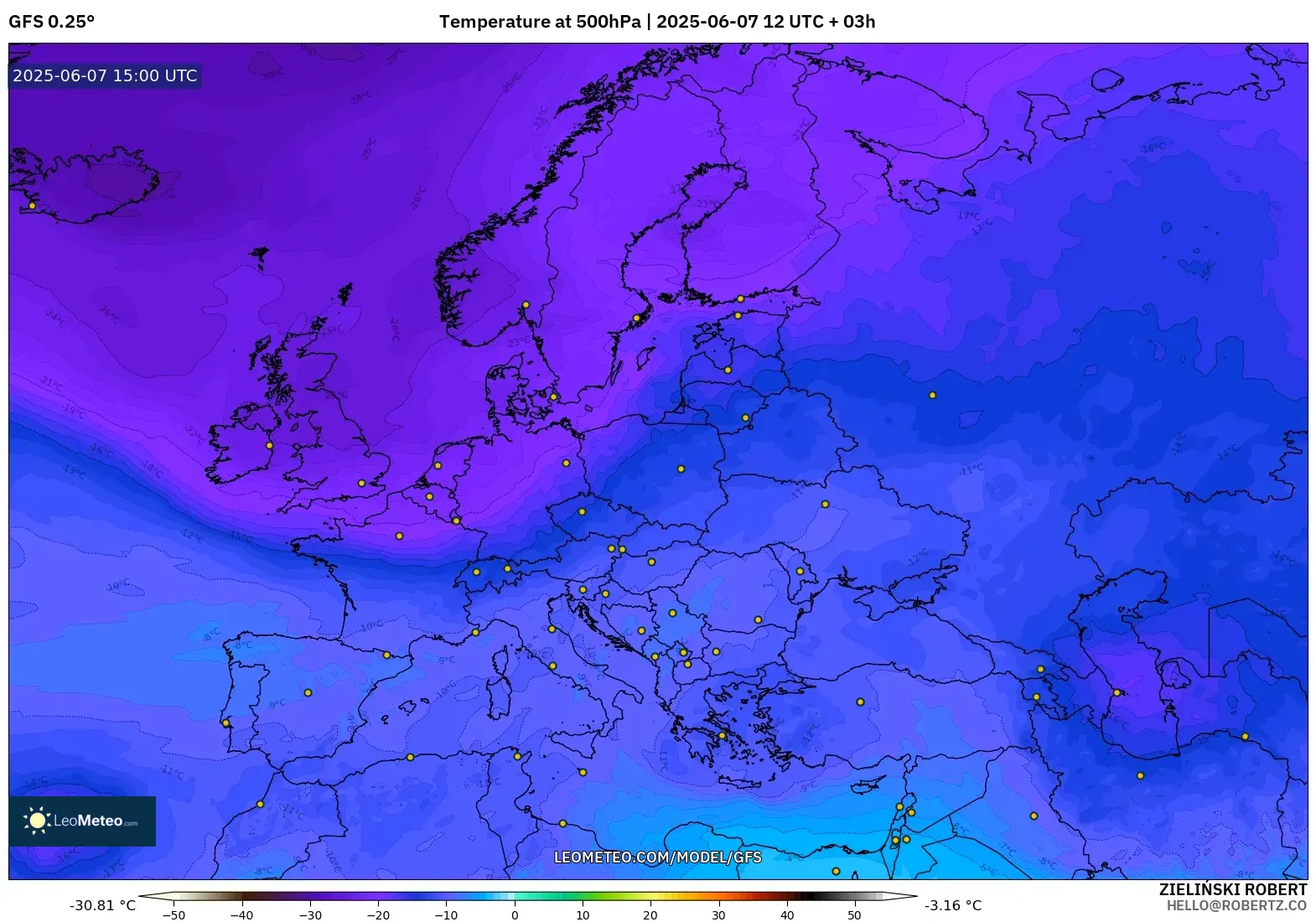 GFS model - Eropa, Suhu 500 hPa