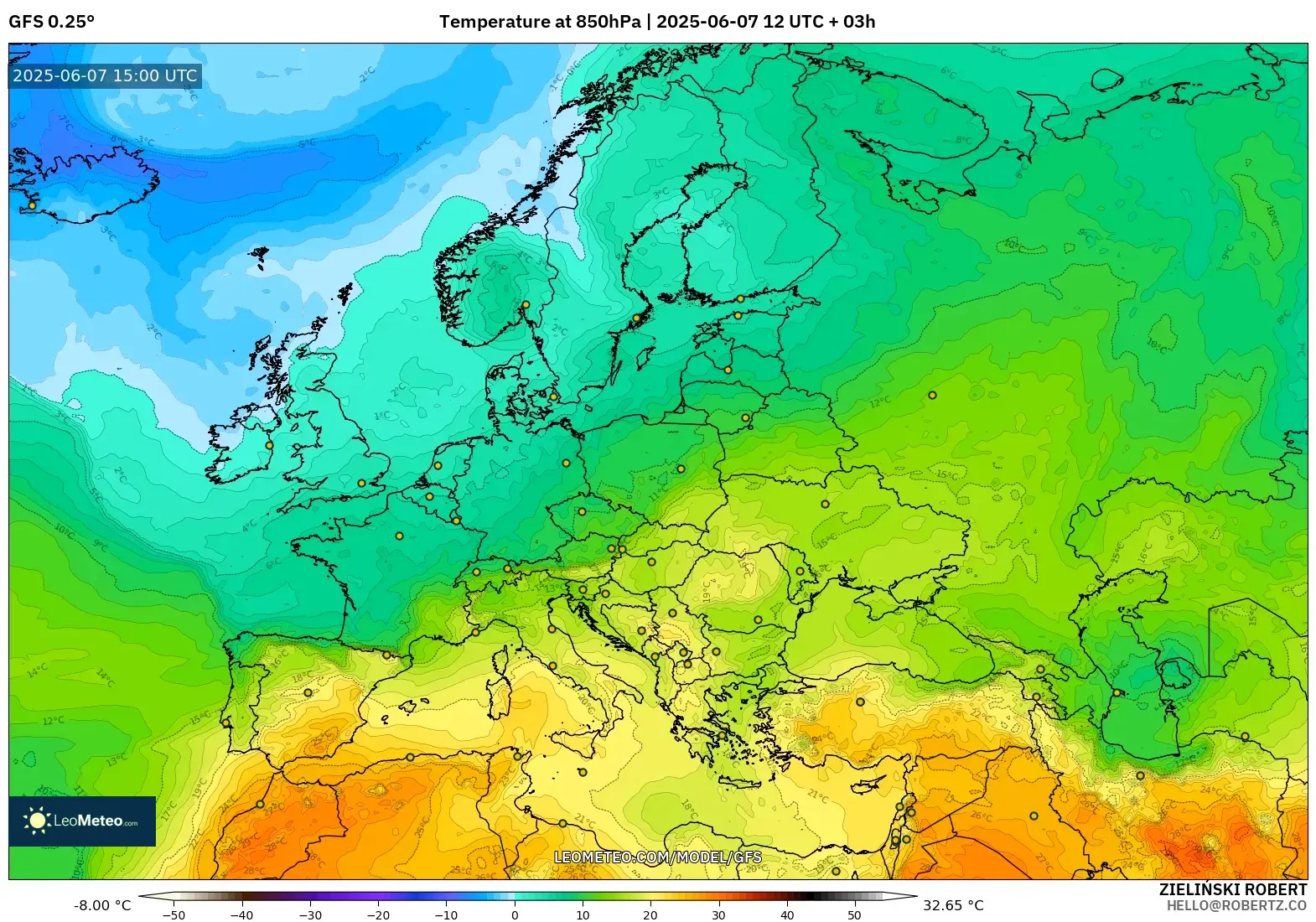 GFS model - Eropa, Suhu 850 hPa