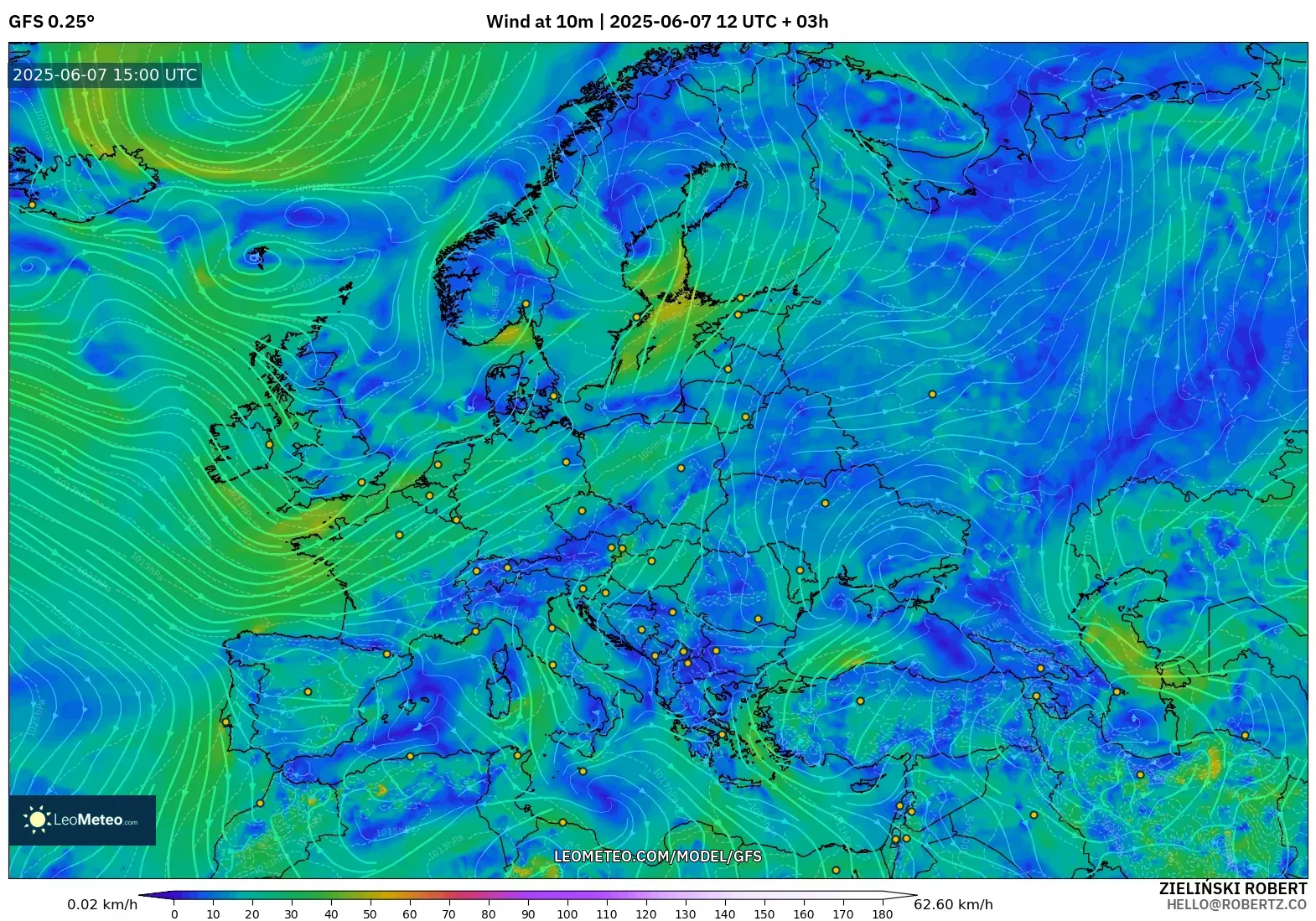 GFS model - Eropa, Angin 10 m