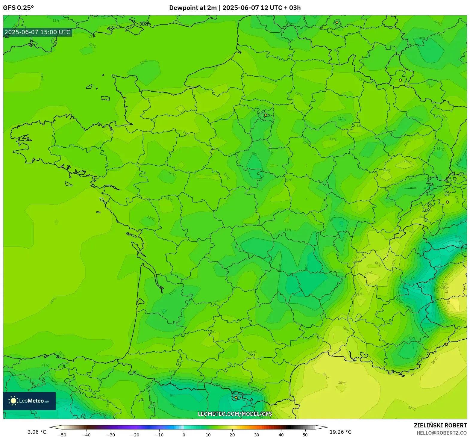 GFS model - Prancis, Titik Embun 2 m GFS model - Prancis, Titik Embun 2 m