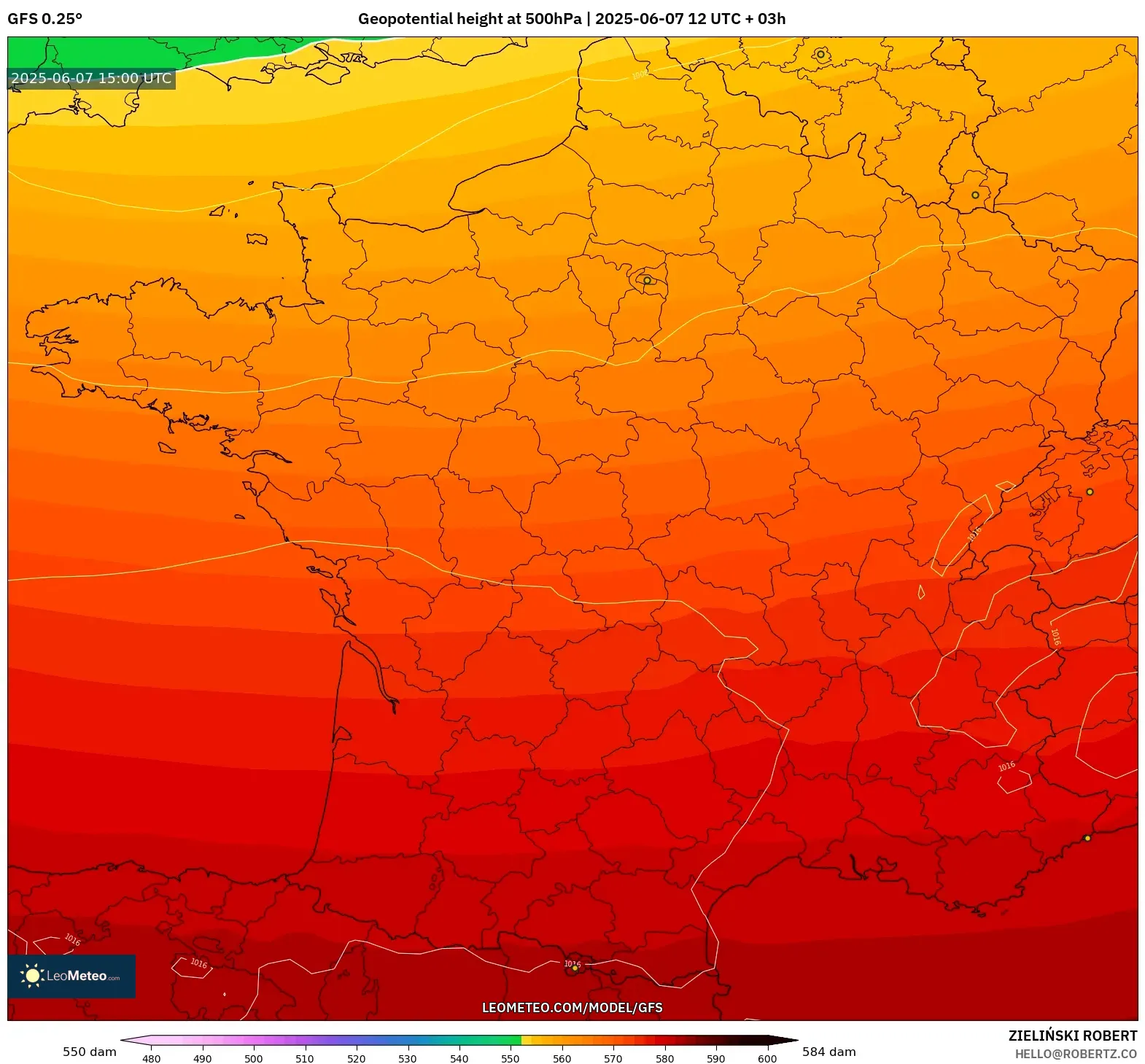 GFS model - Prancis, Ketinggian geopotensial pada 500 hPa GFS model - Prancis, Ketinggian geopotensial pada 500 hPa