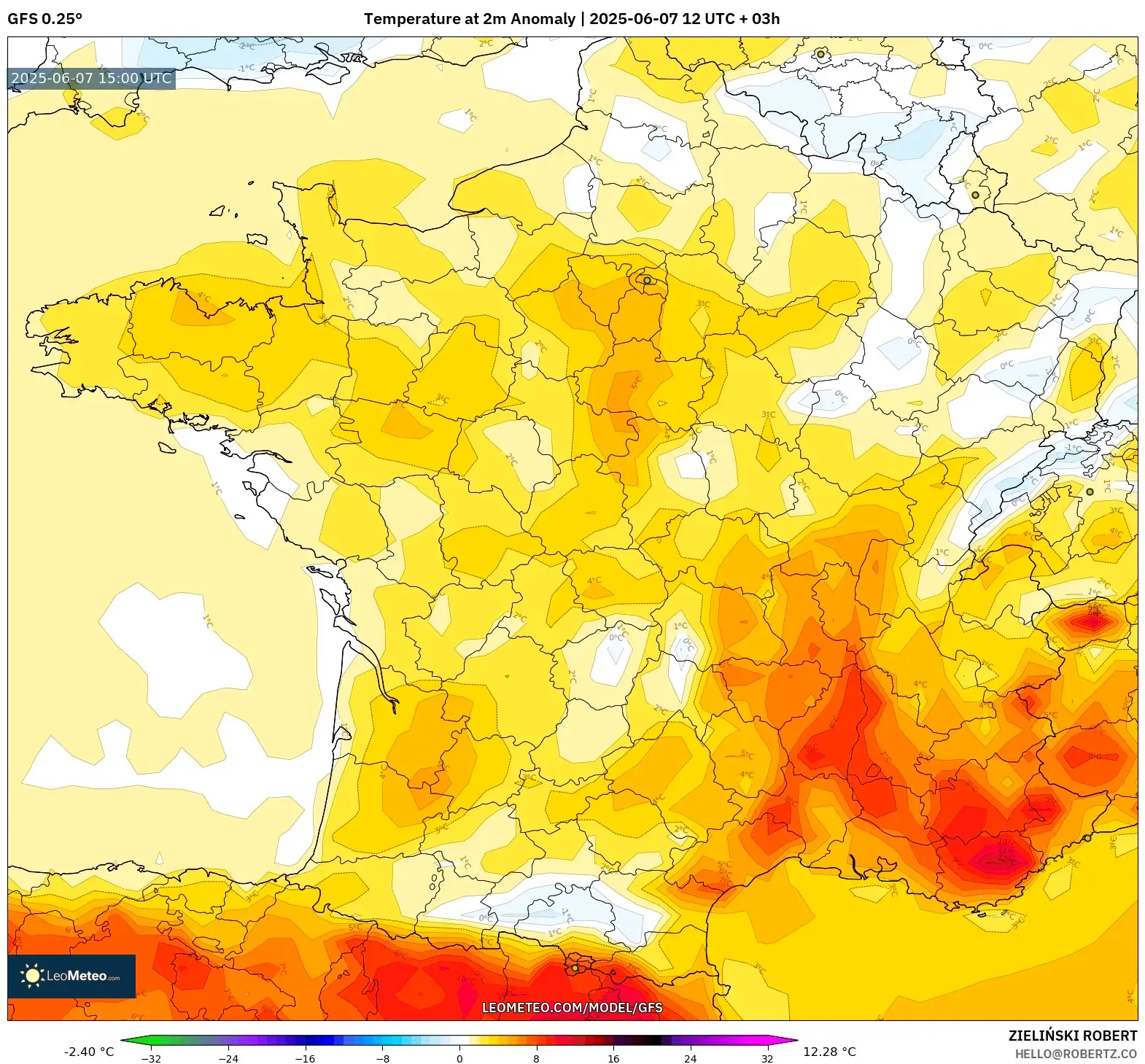 GFS model - Prancis, Anomali Suhu 2 m GFS model - Prancis, Anomali Suhu 2 m