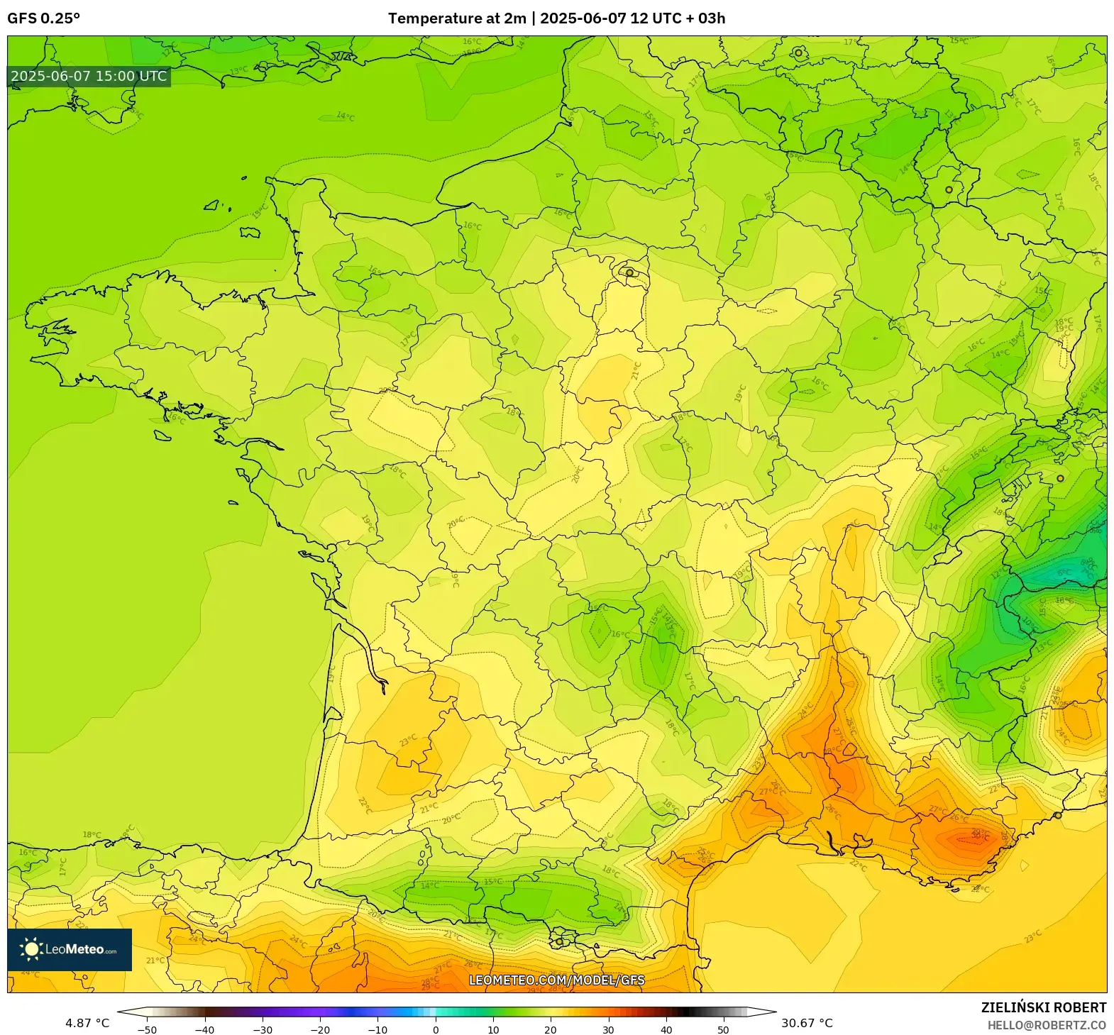 GFS model - Prancis, Suhu 2 m