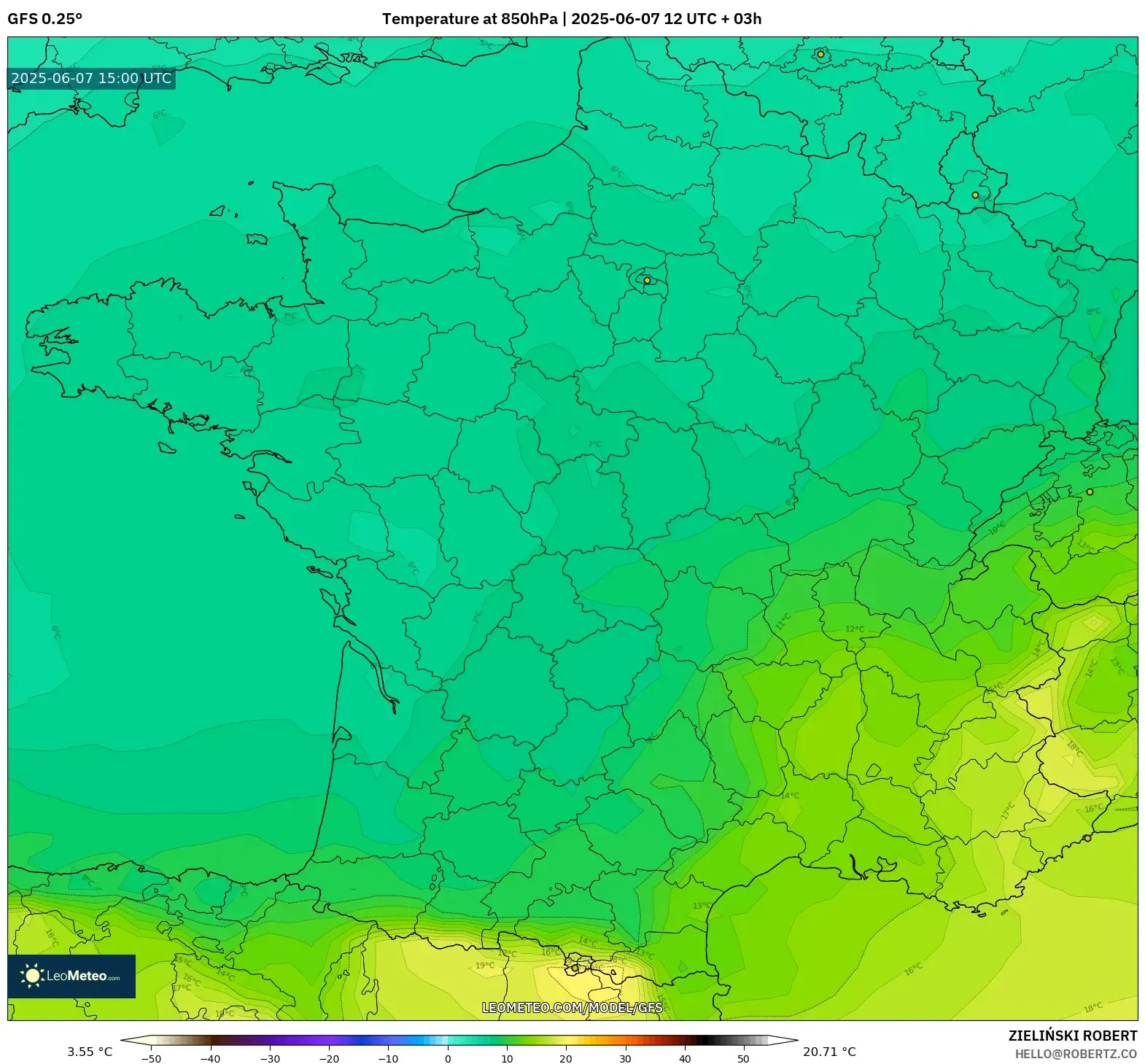 GFS model - Prancis, Suhu 850 hPa GFS model - Prancis, Suhu 850 hPa